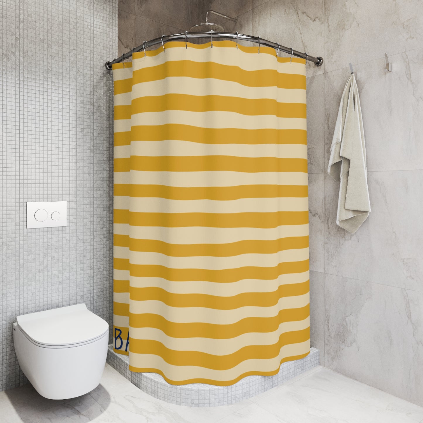 Yellow and white striped shower curtain in a bathroom setting.