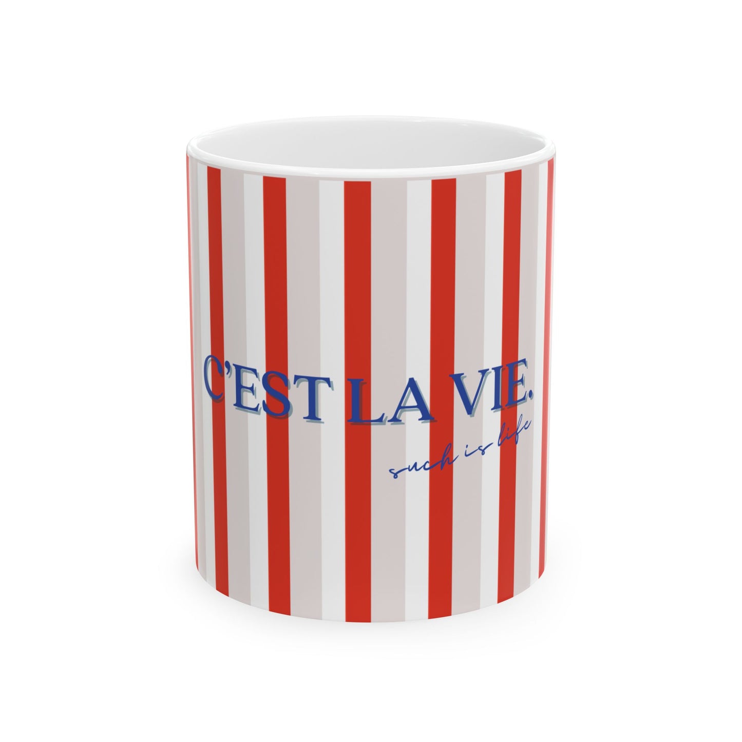 Mug with red and white stripes and blue text on a white background