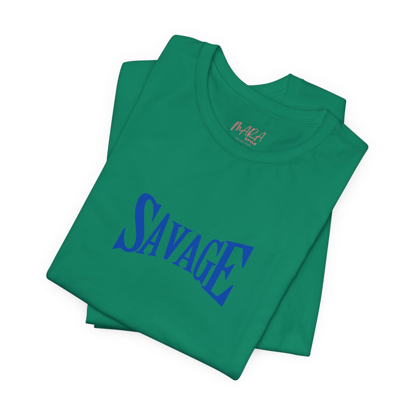 Green t-shirt with 'SAVAGE' printed in blue on a white background