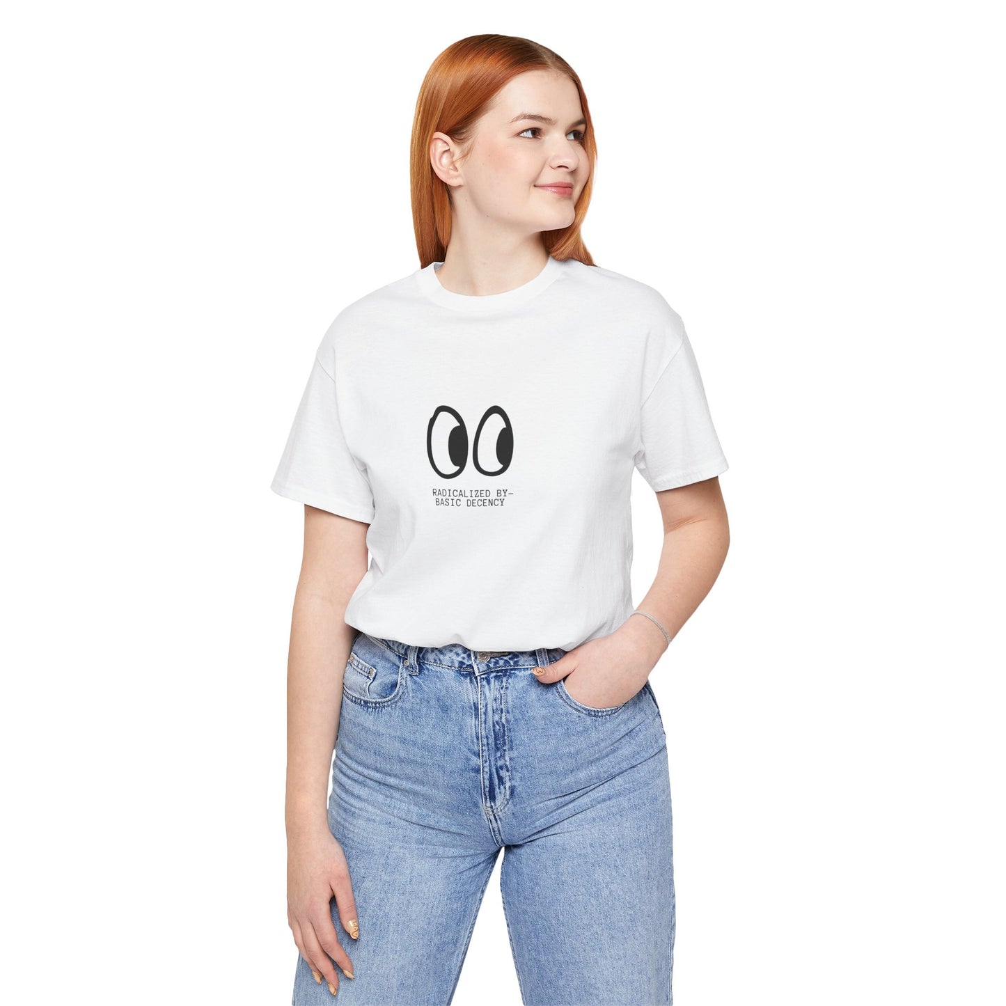 Person wearing a white t-shirt with a logo and text, standing against a white background