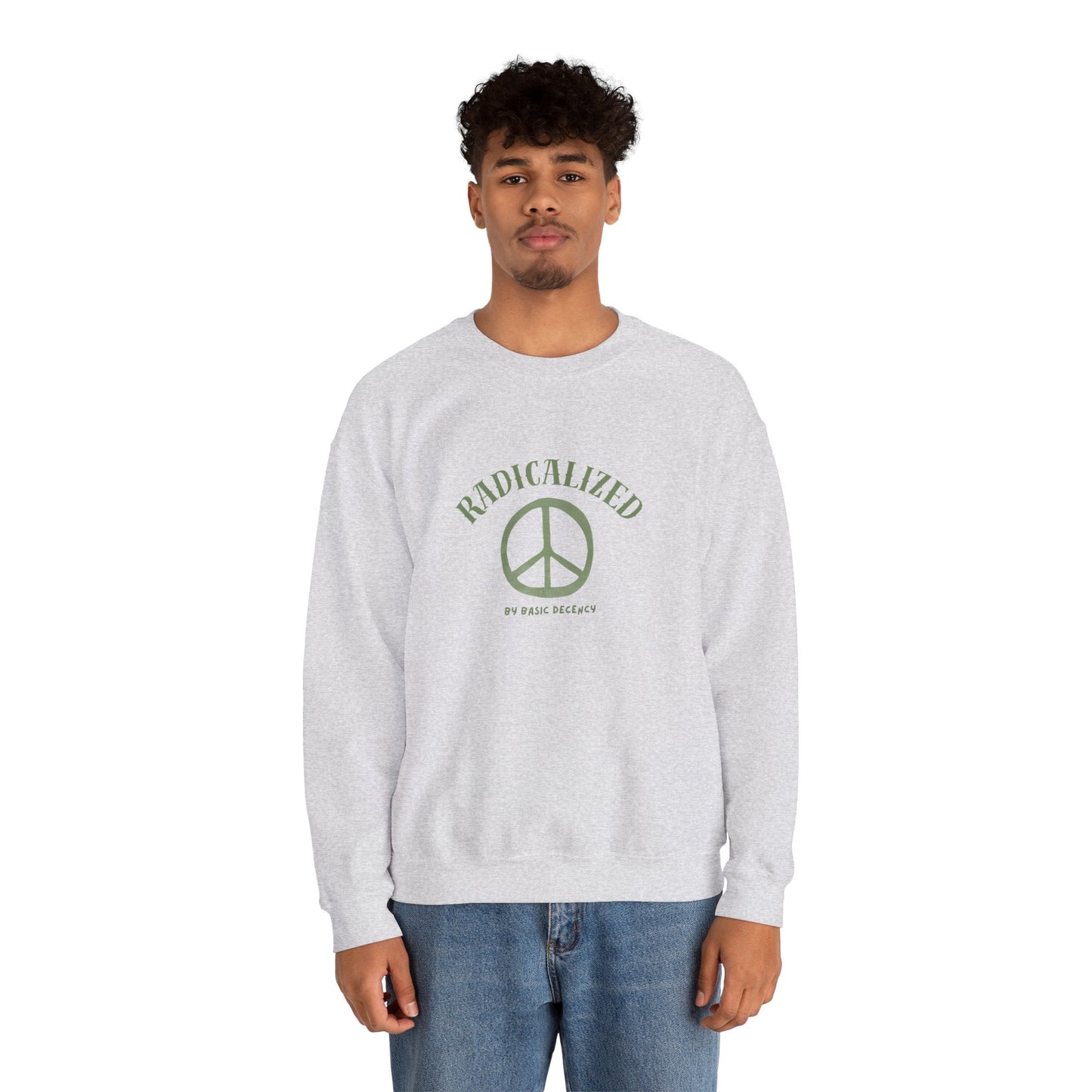 Person wearing a gray sweatshirt with a peace symbol design on a white background