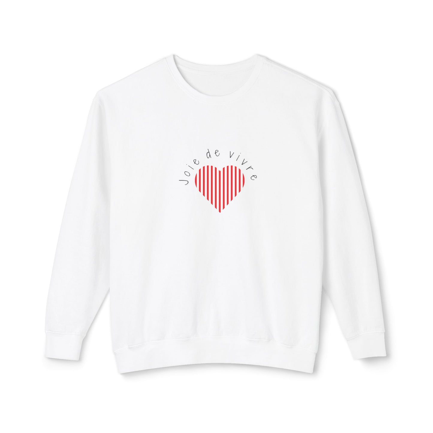 White sweatshirt with a red heart and Joie de Vivre on a white background