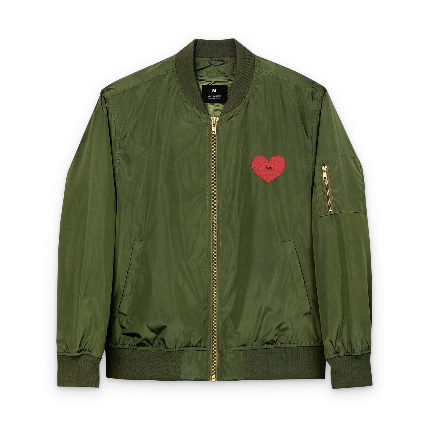 Green bomber jacket with a red heart patch on a white background