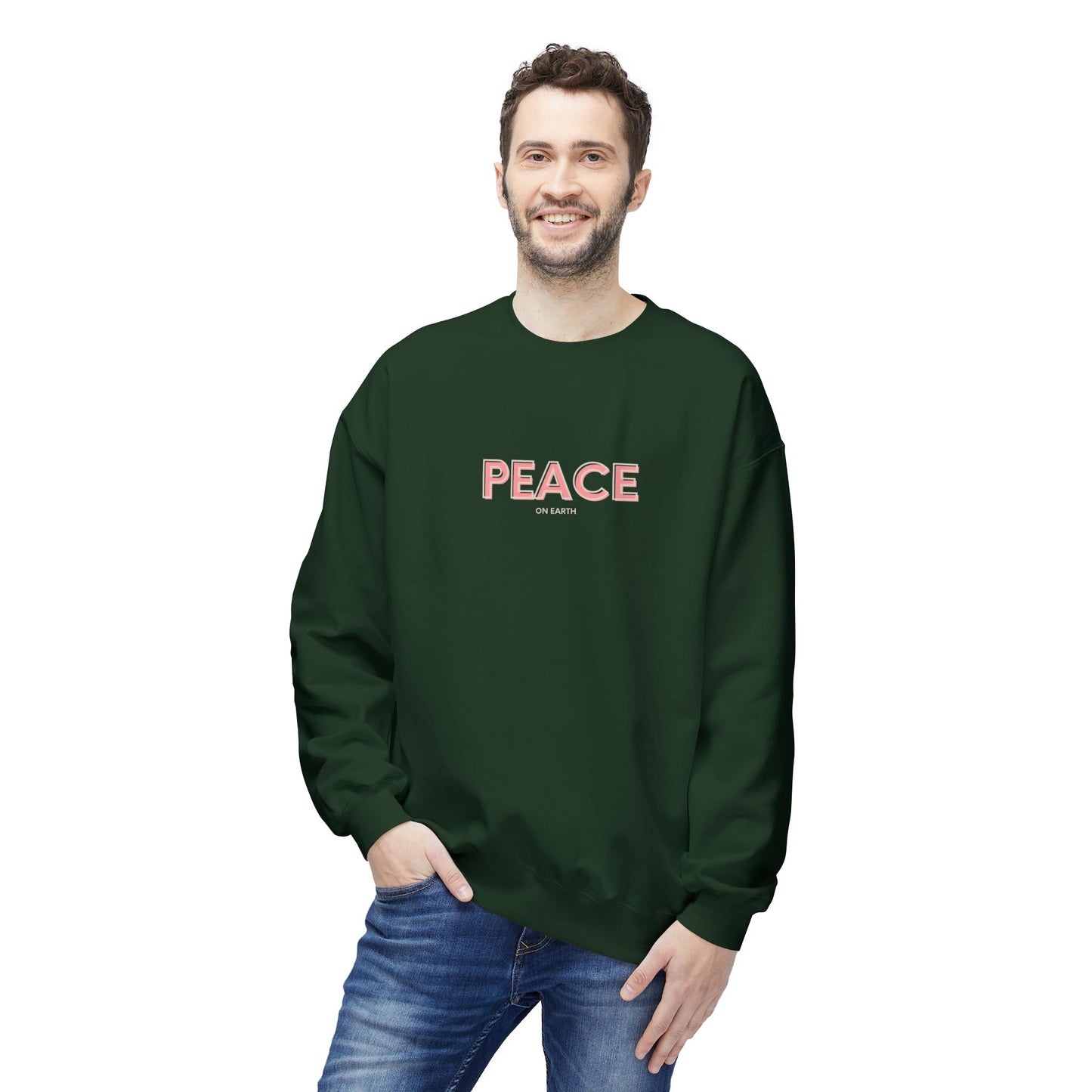 Man wearing a green sweatshirt with 'PEACE' printed on it against a white background