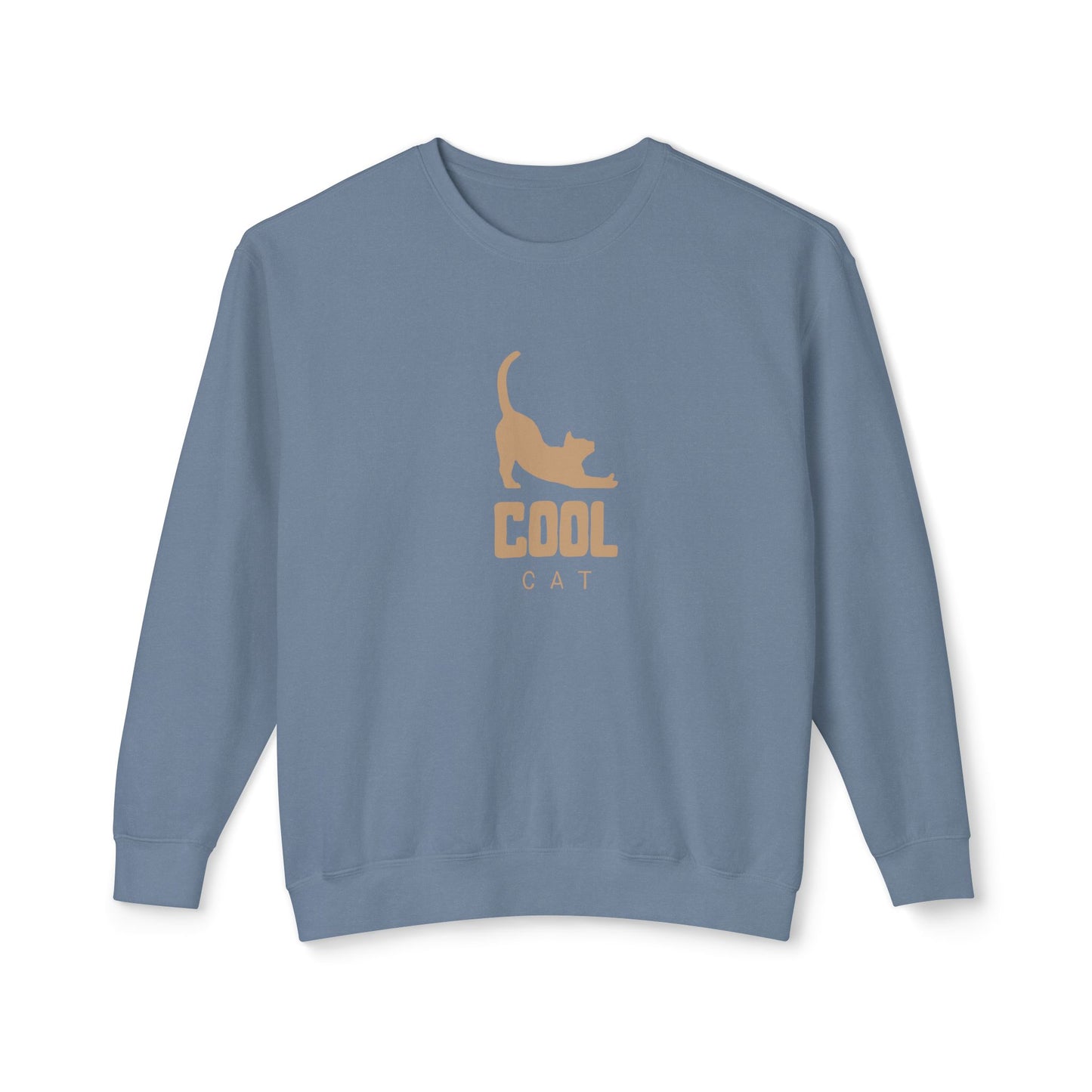 Blue sweatshirt with 'Cool Cat' graphic on a white background
