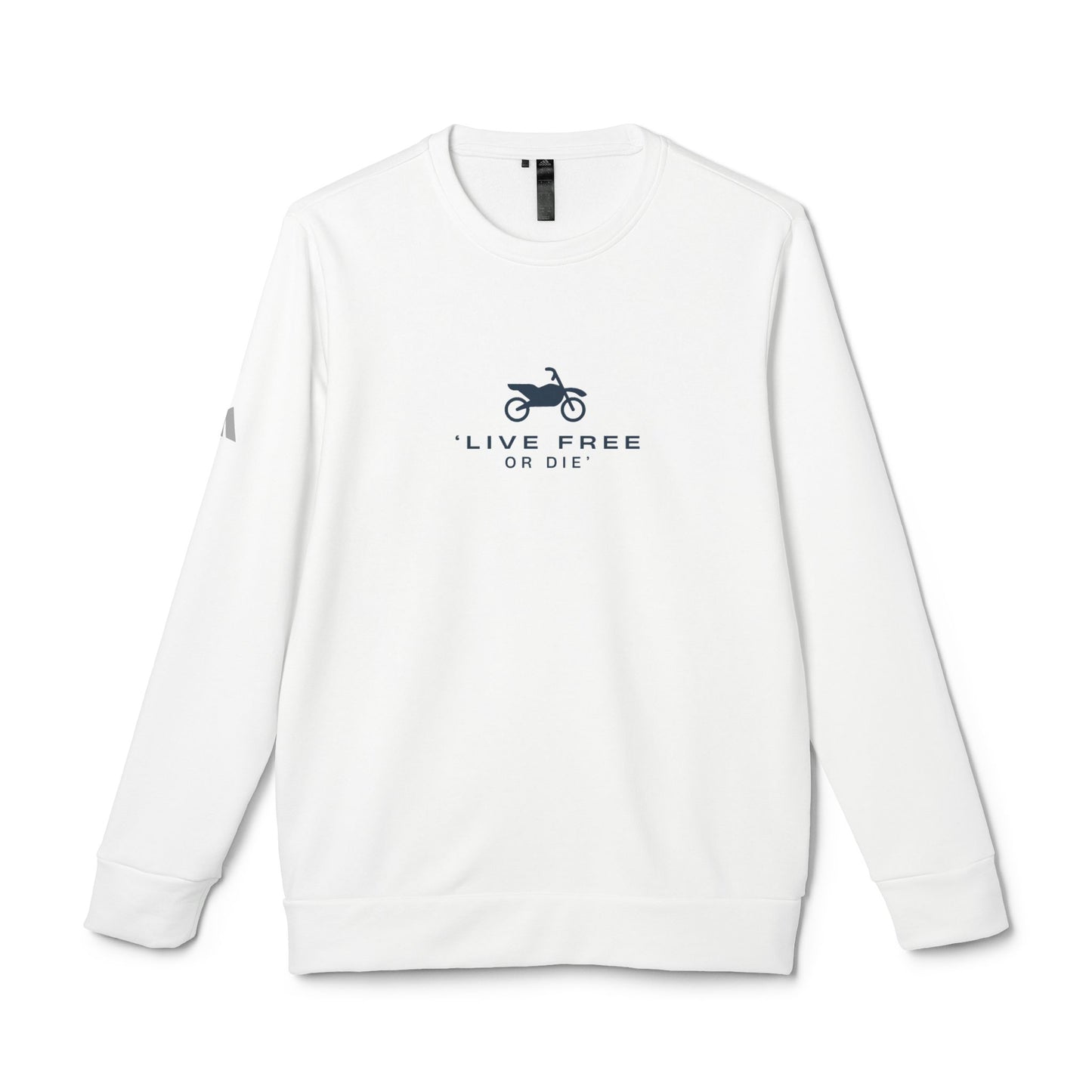 White long-sleeve shirt with 'Live Free or Die' text and motorcycle graphic on a white background