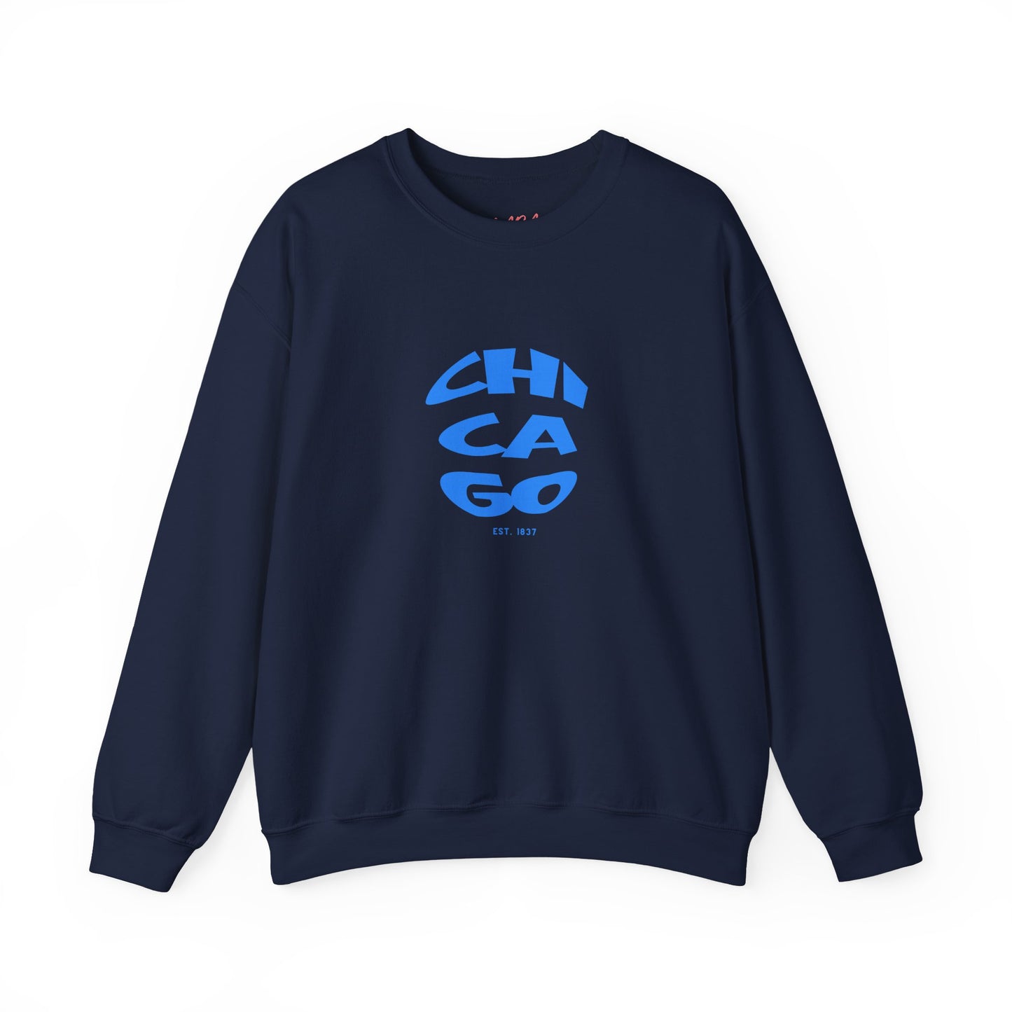 Navy blue sweatshirt with 'Chicago' printed in blue on a white background