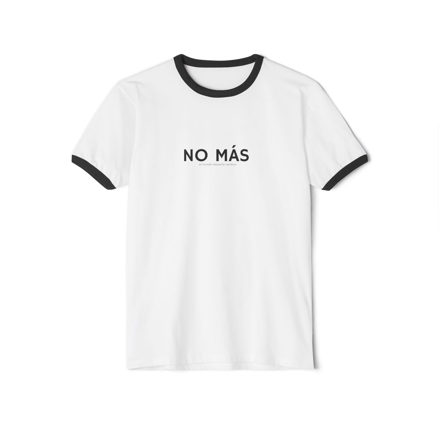 White t-shirt with black text 'NO MÁS' on a white background