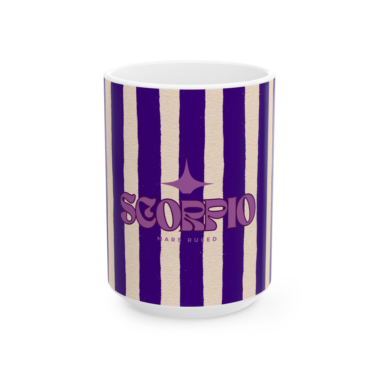 Mug with purple and white striped design and 'Scorpio' text on a white background