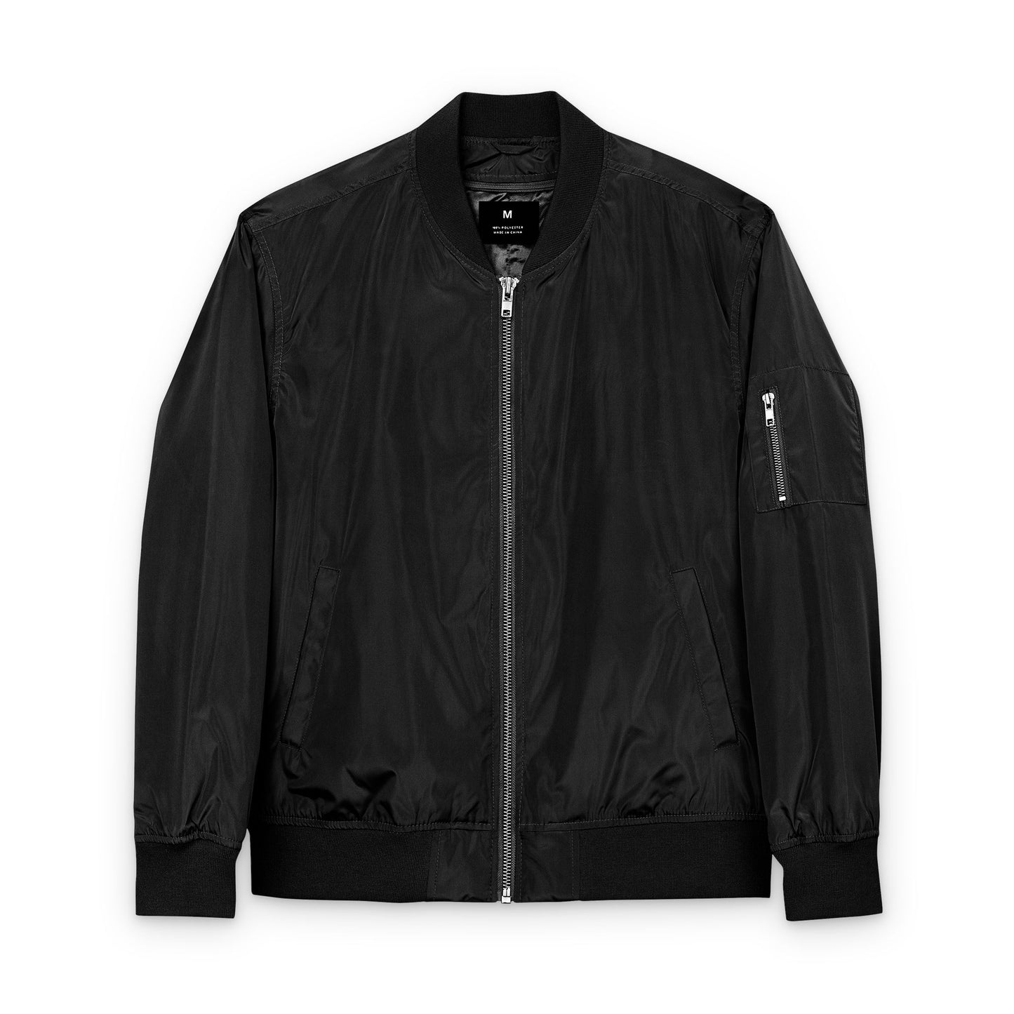 Black sustainably made bomber jacket on a white background