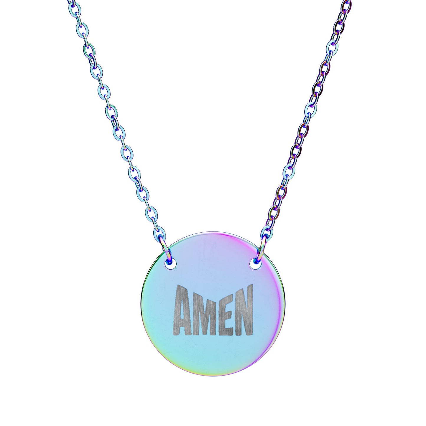 Necklace with a round, iridescent pendant featuring the word 'AMEN' on a white background.