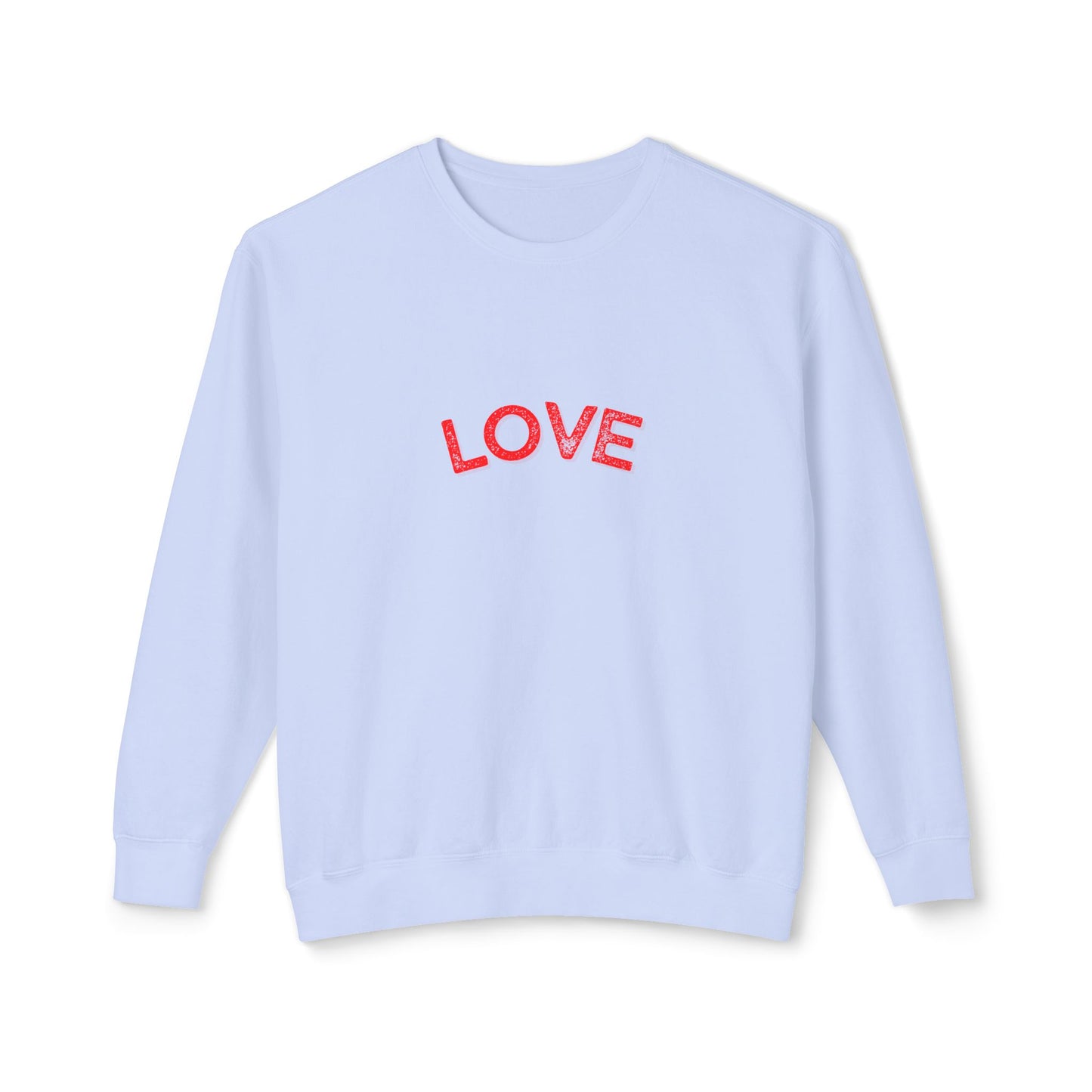 Light blue sweatshirt with red 'LOVE' text on a white background