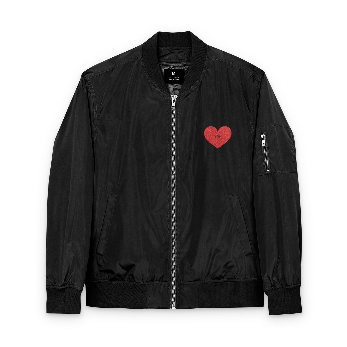 Black bomber jacket with a red heart on a white background