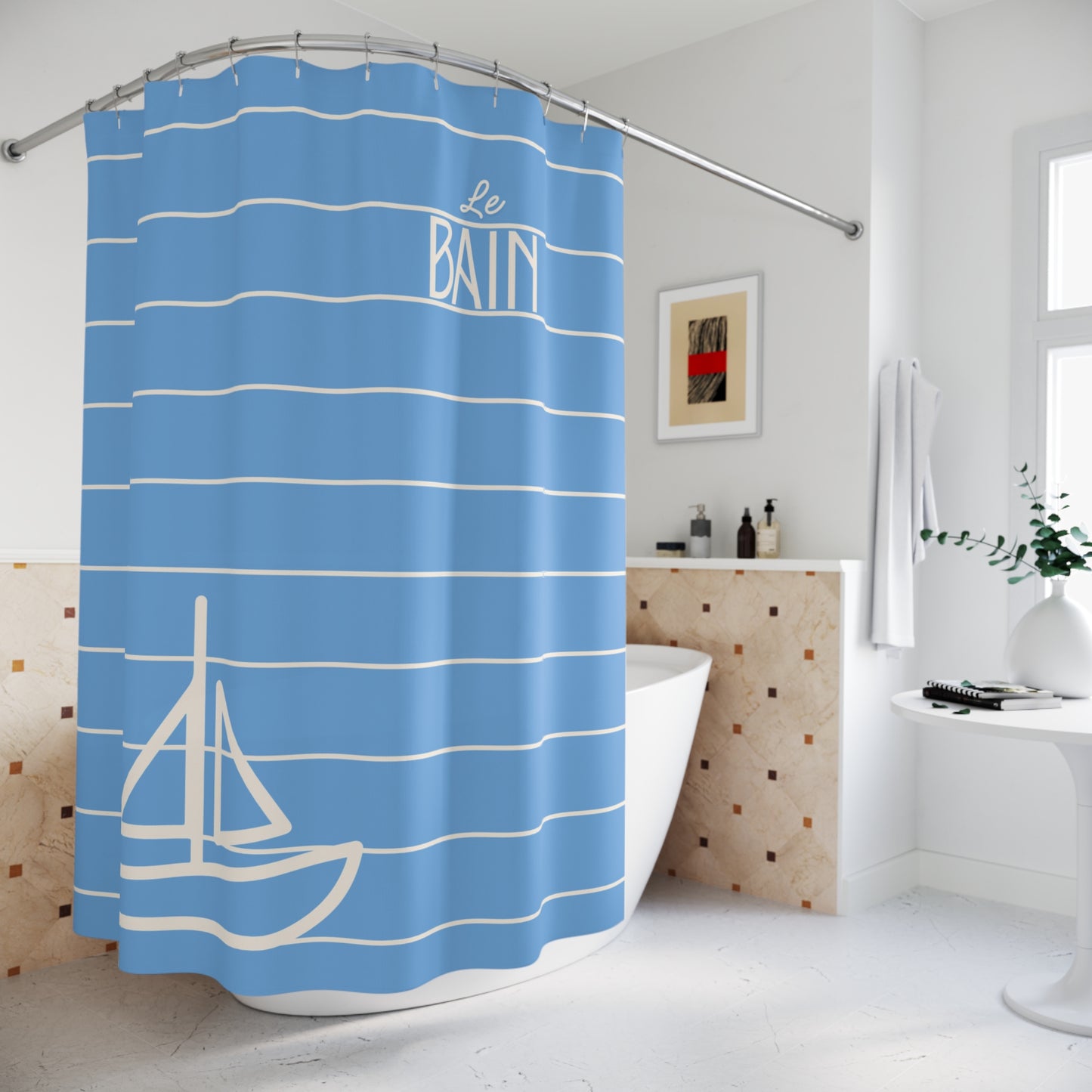 Baby Blue 'Le Bain' Shower Curtain — Striped Sailboat Kid's Bathroom Decor