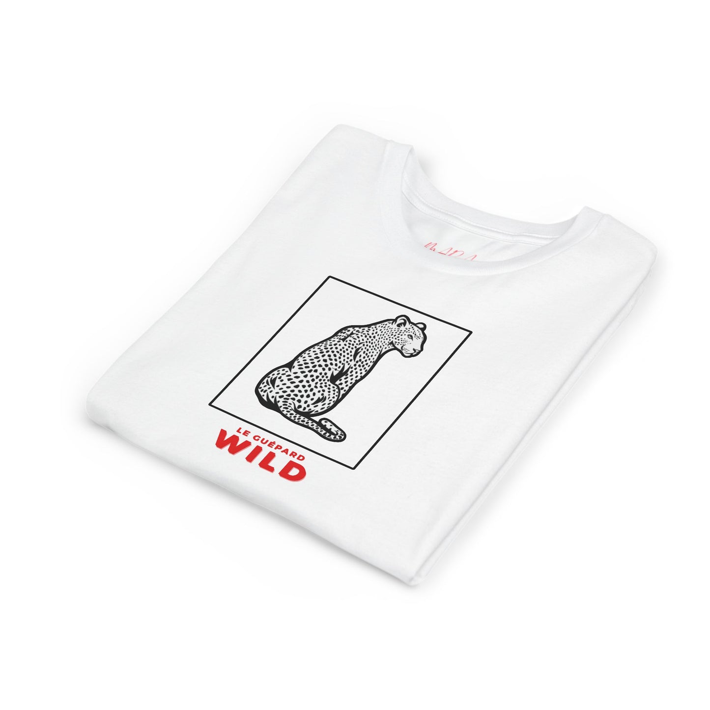 White t-shirt with a cheetah graphic and 'WILD' text on a white background