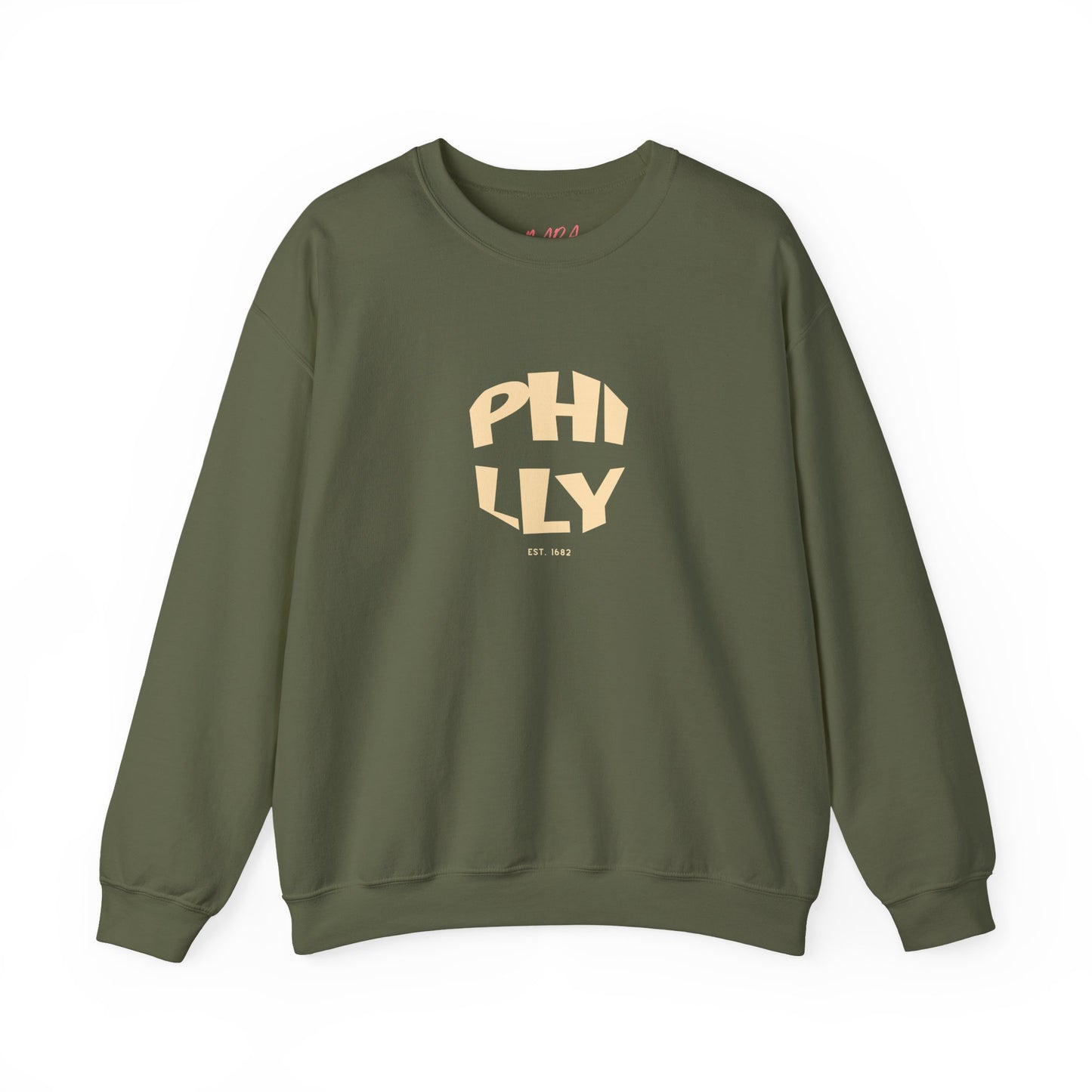 Green sweatshirt with 'PHILLY' print on a white background