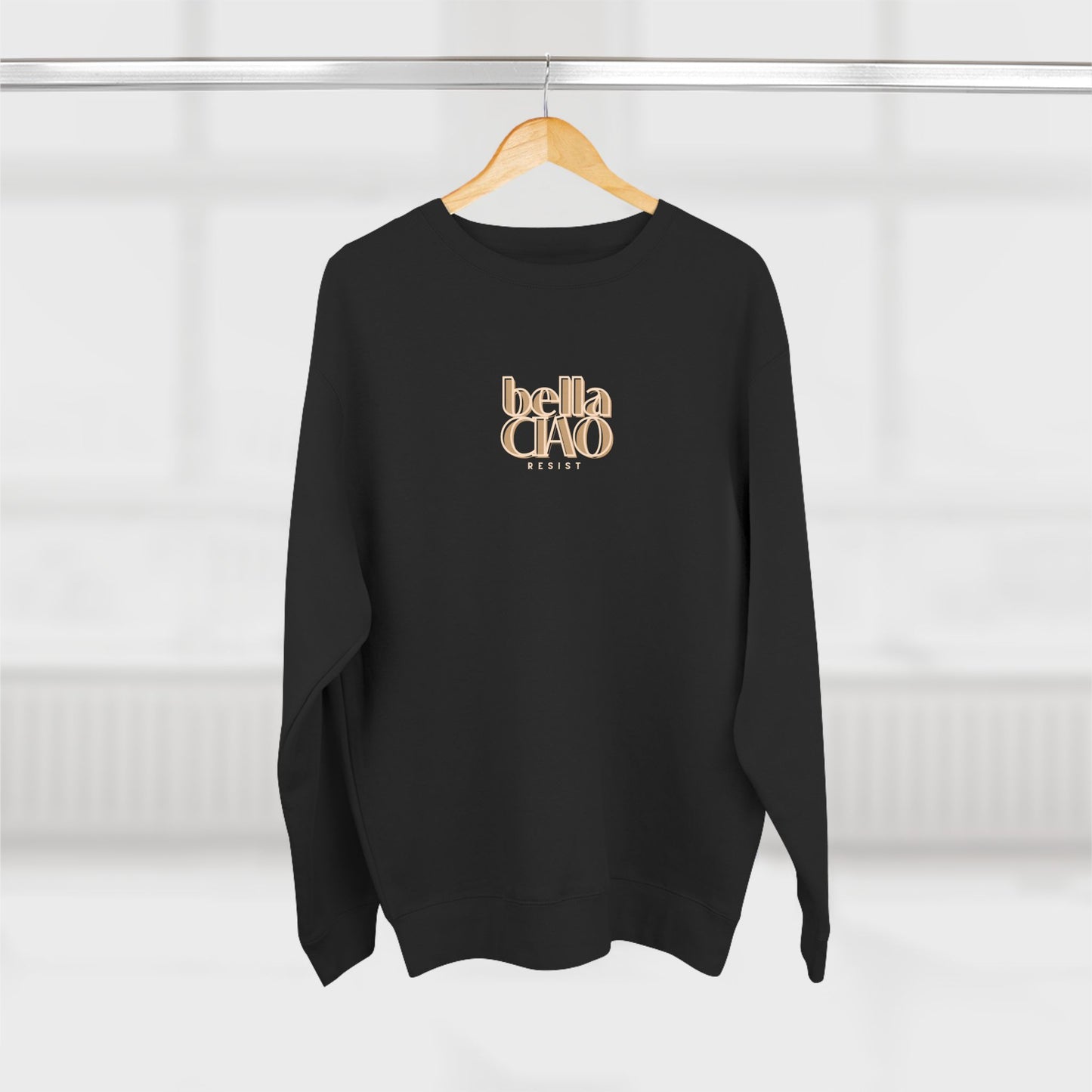 Black sweatshirt with 'bella Ciao' text on a hanger against a white background