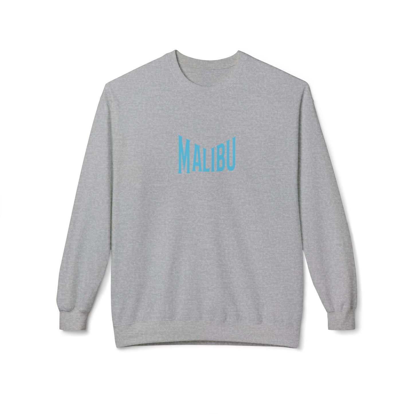 Gray sweatshirt with 'MALIBU' printed in blue on a white background