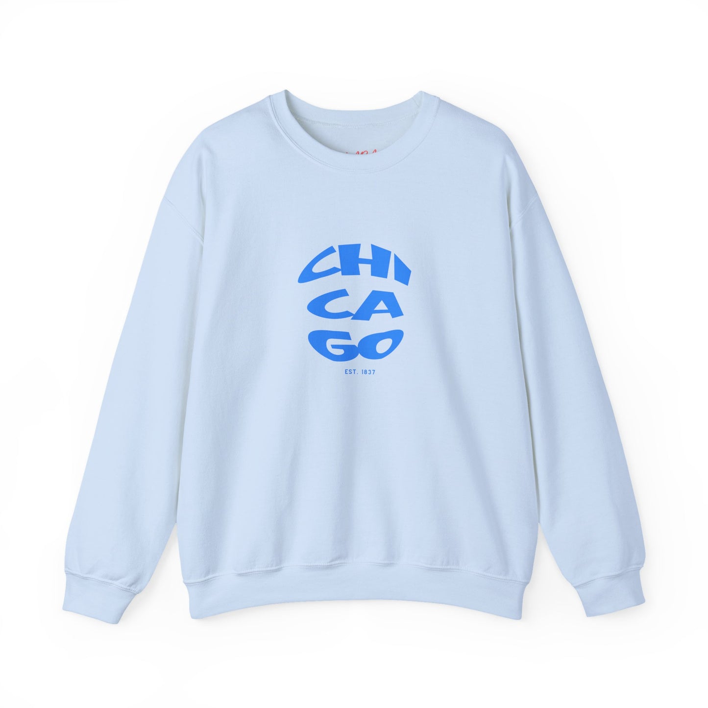 Light blue sweatshirt with 'Chicago' print on a white background