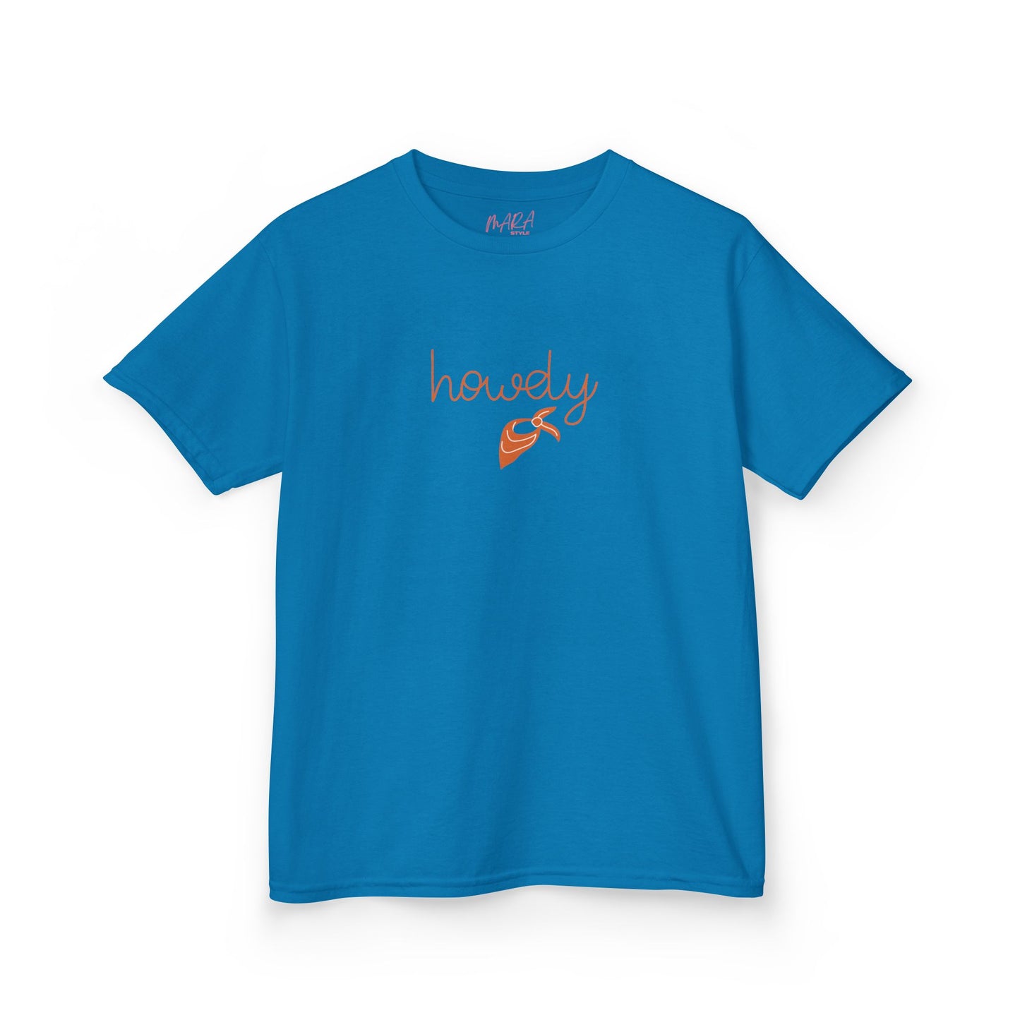 Blue t-shirt with 'howdy' and logo on a white background