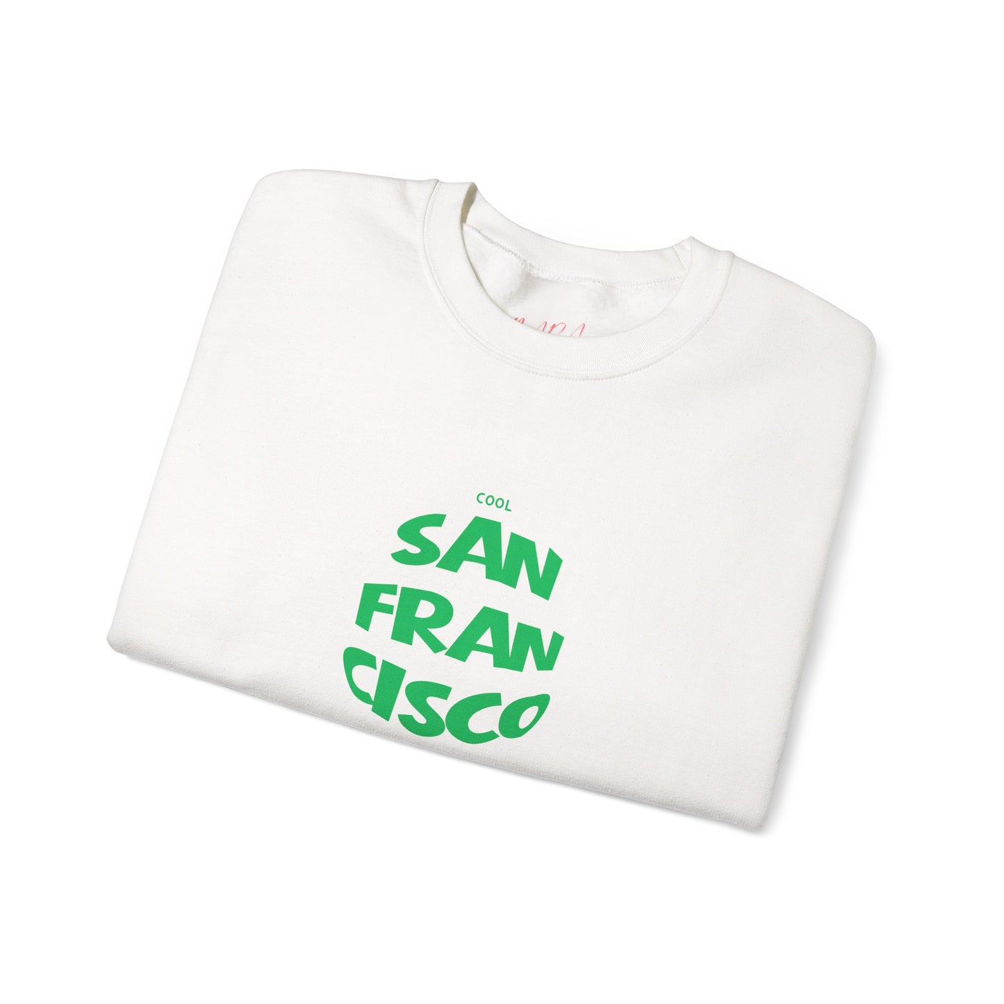 White sweatshirt with green 'San Francisco' text on a white background