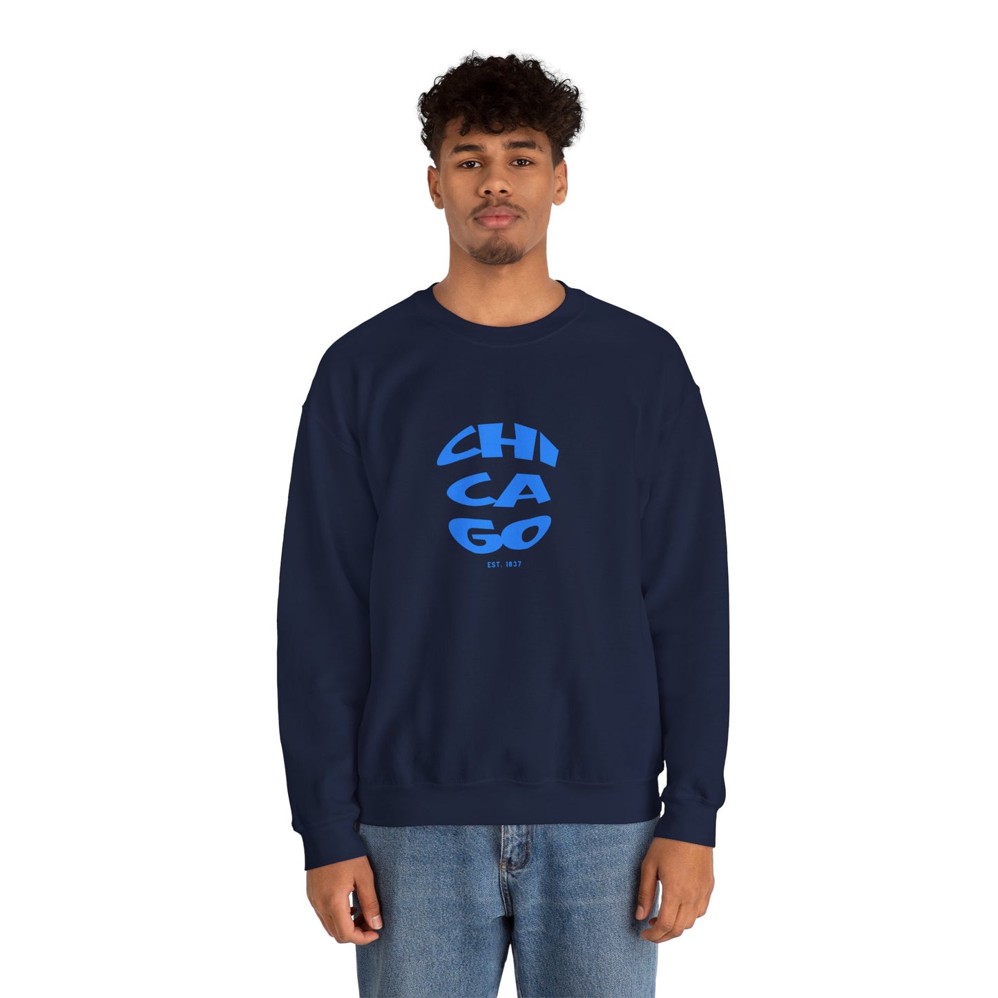 Person wearing a navy sweatshirt with 'Chicago' printed in blue on a white background