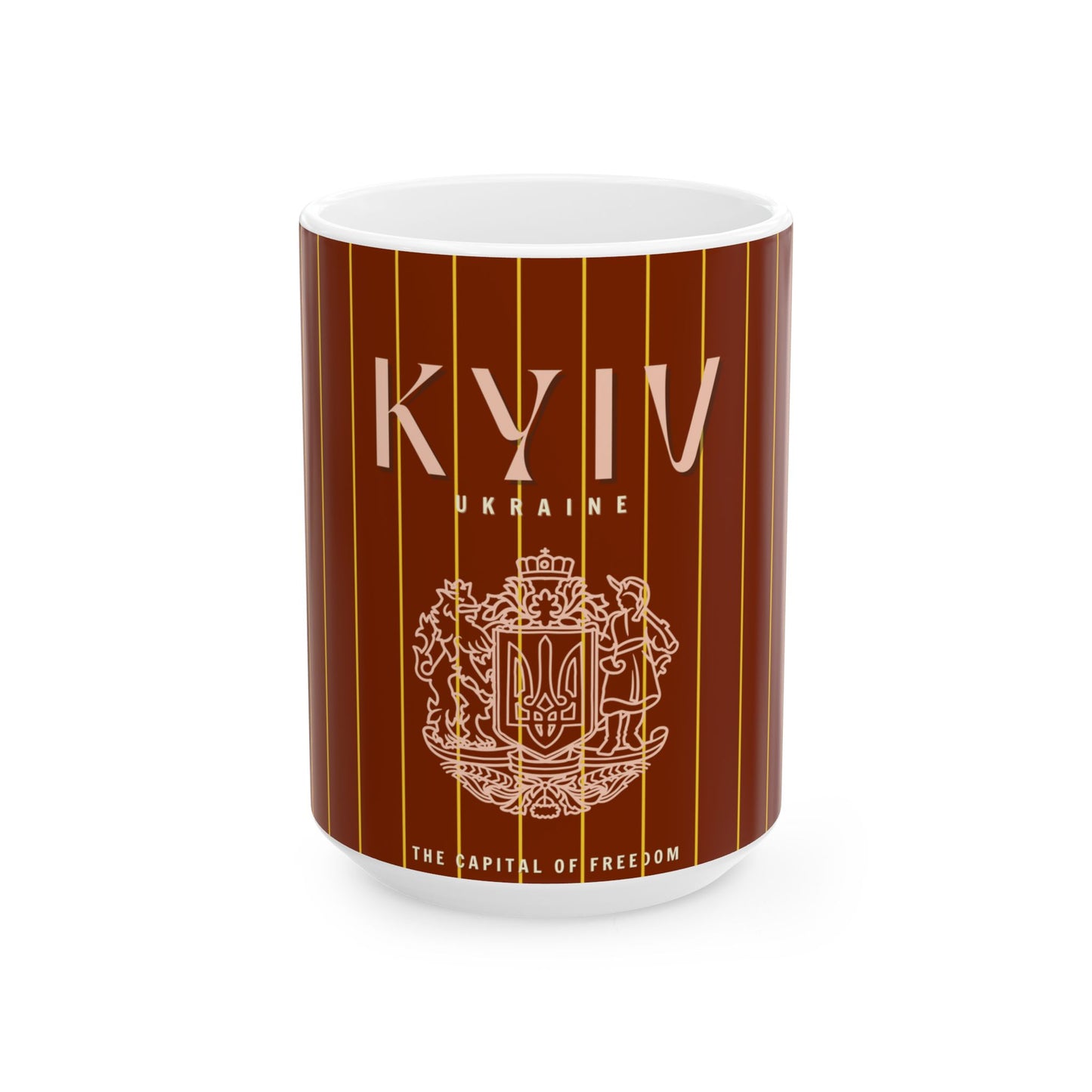 Mug with 'KYIV' and coat of arms design on a brown background
