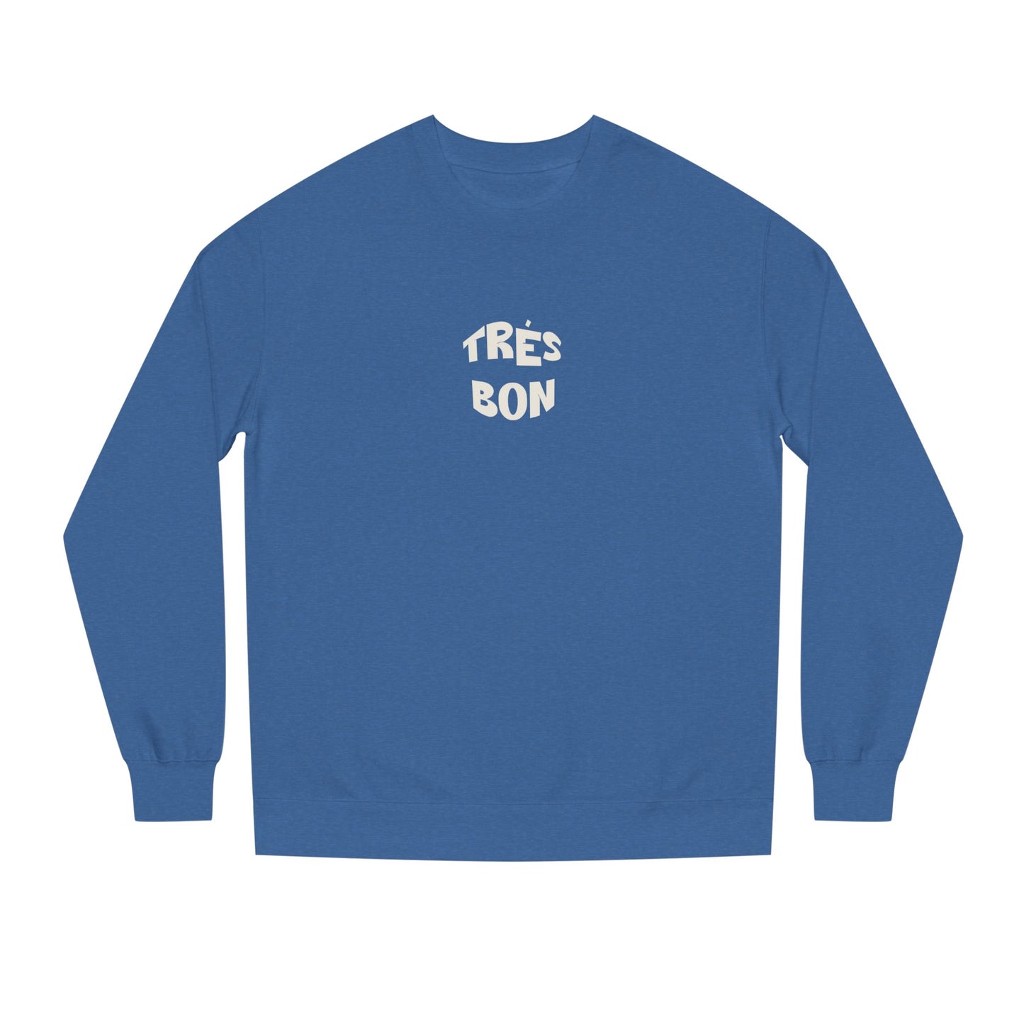 Blue long-sleeve shirt with 'TRéS BON' text on a white background