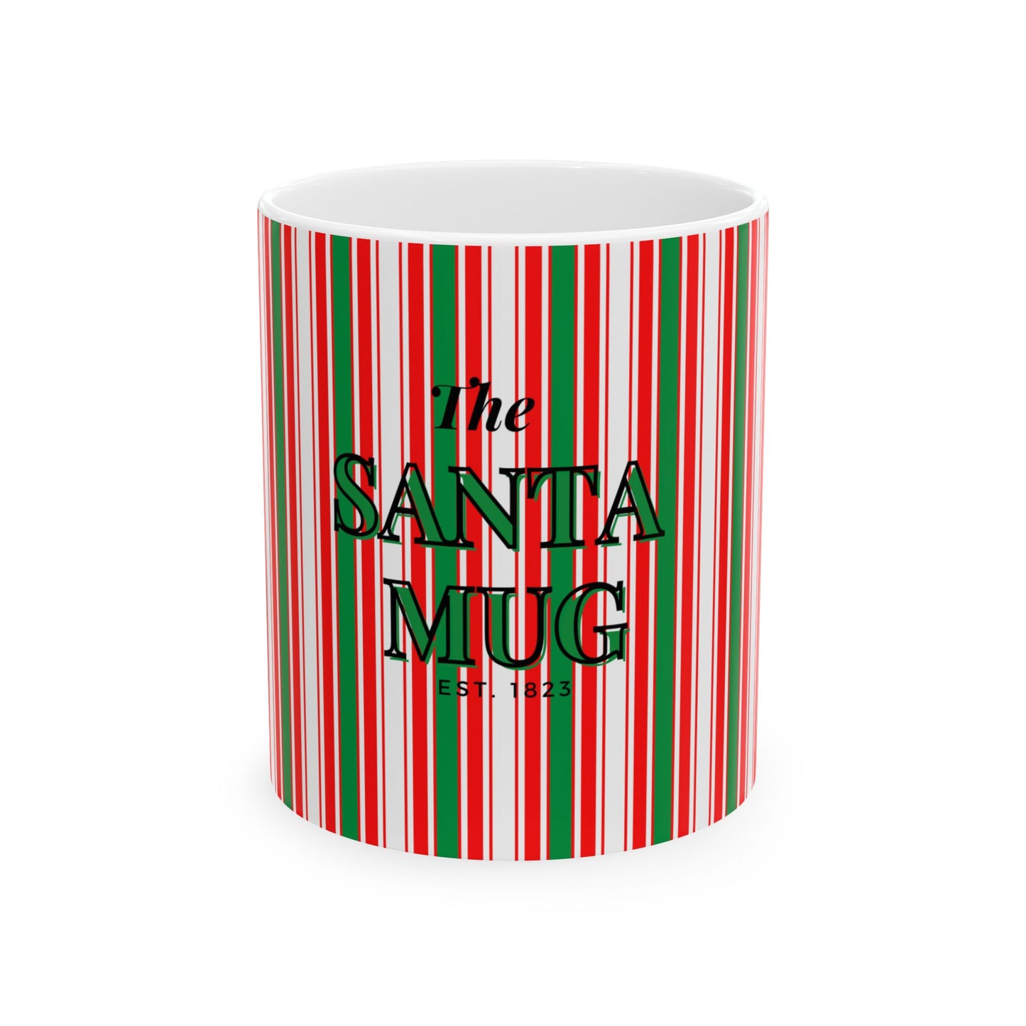 Mug with red and green striped pattern and 'The Santa Mug' text on a white background