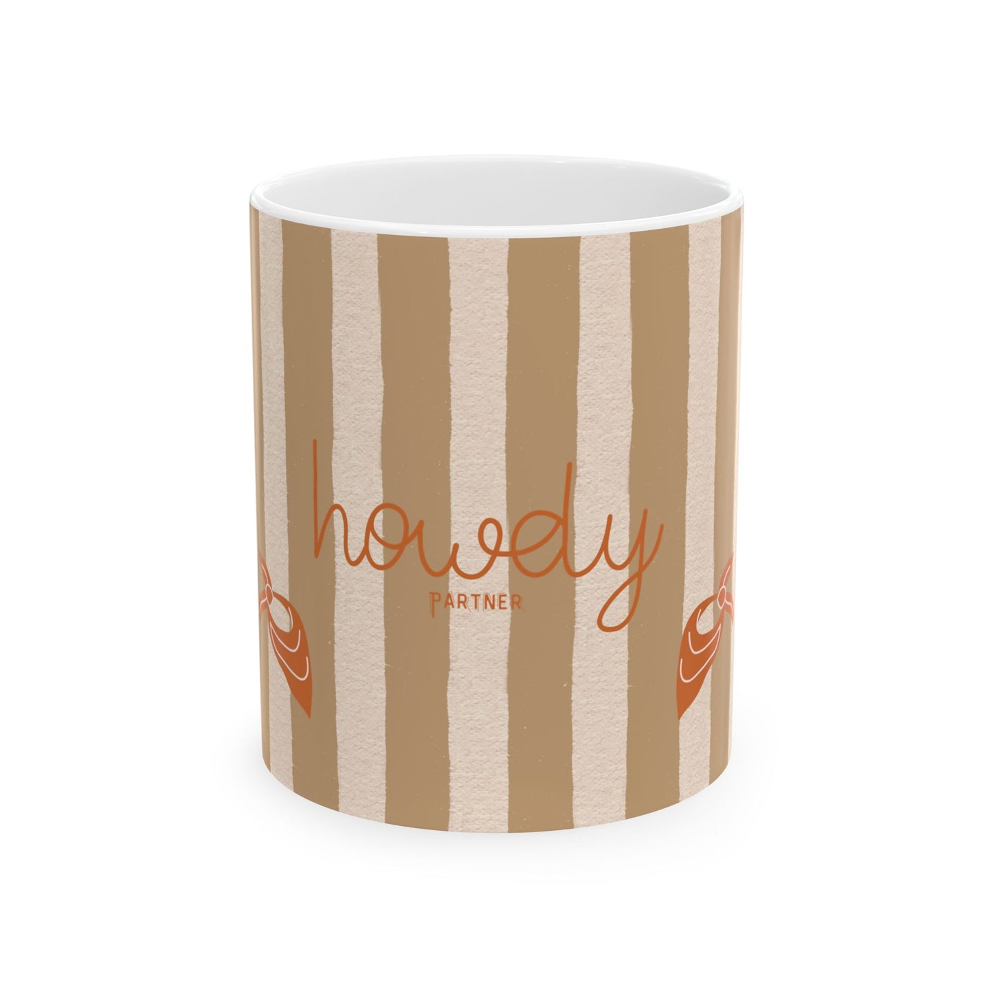 Mug with brown and beige striped pattern and 'howdy partner' text on a white background