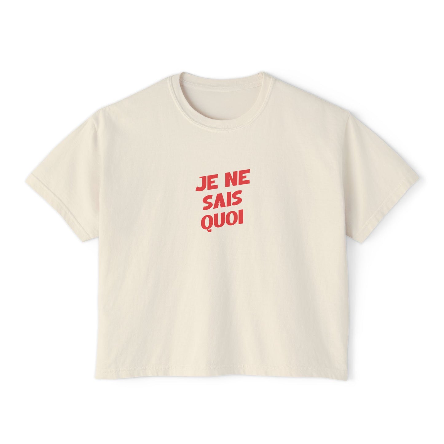 Beige t-shirt with red text 'JE NE SAIS QUOI' on a white background