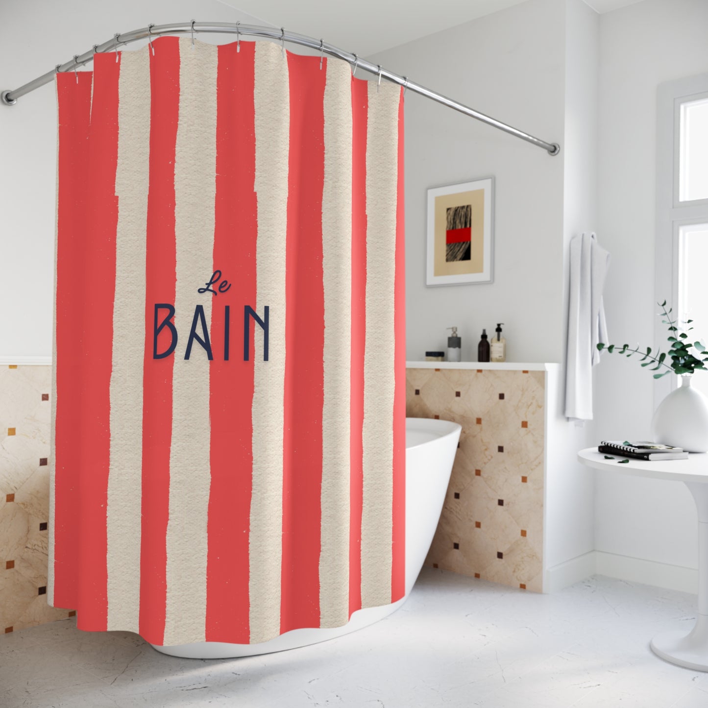 Shower Curtain — Coral Striped French 'Le Bain' Bathroom Decor