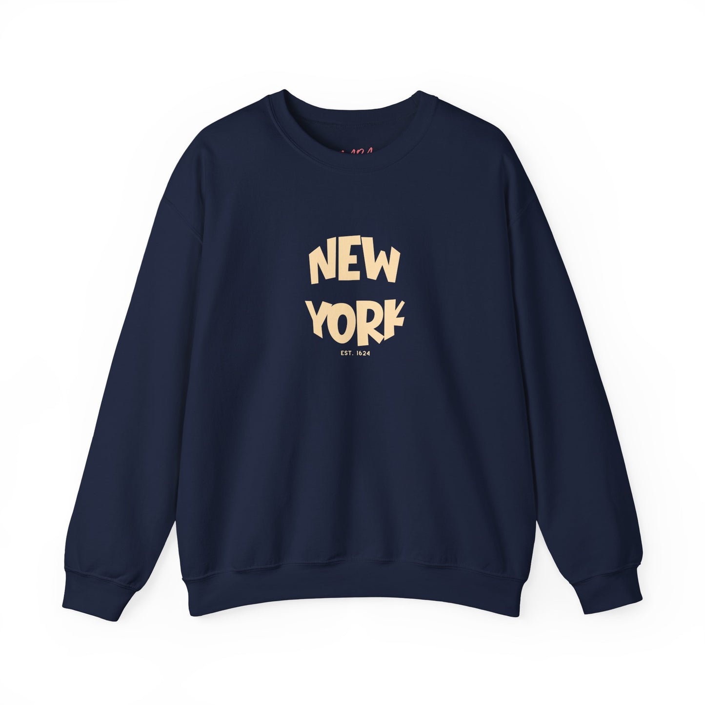 Navy blue sweatshirt with 'New York' text on a white background