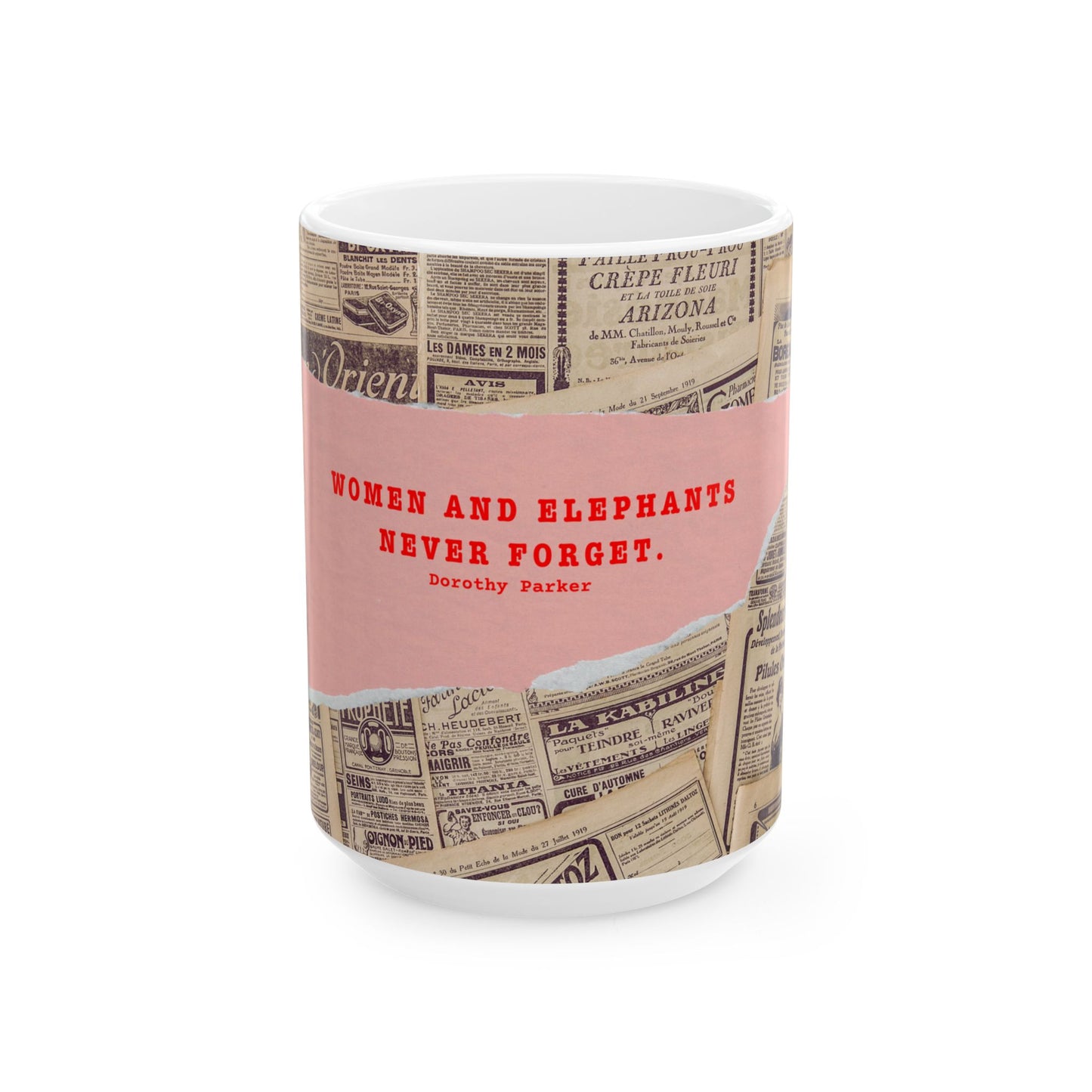 Mug with newspaper design and a Dorothy Parker quote text on a white background