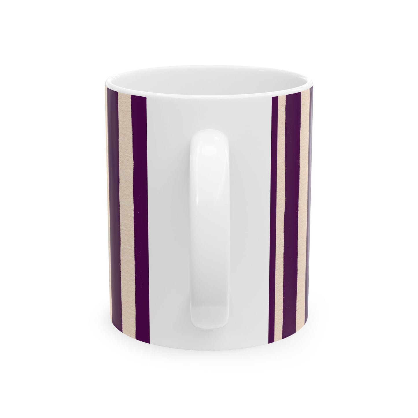 White mug with purple stripes on a white background