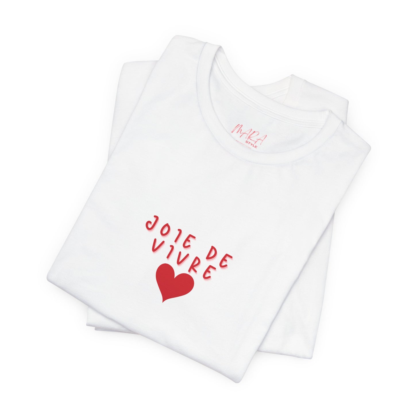 White napkin with red text and heart design on a white background