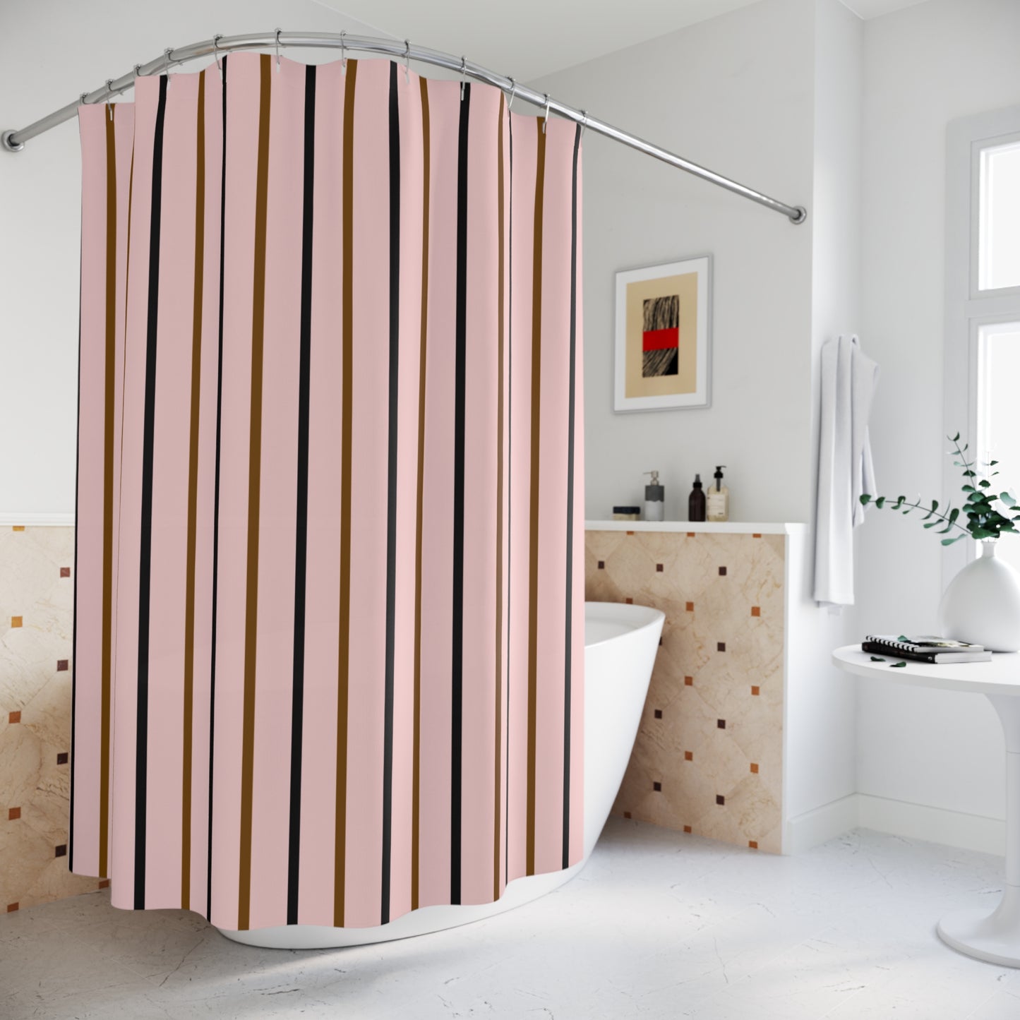 Shower curtain in a bathroom setting with a bathtub and decorative elements.