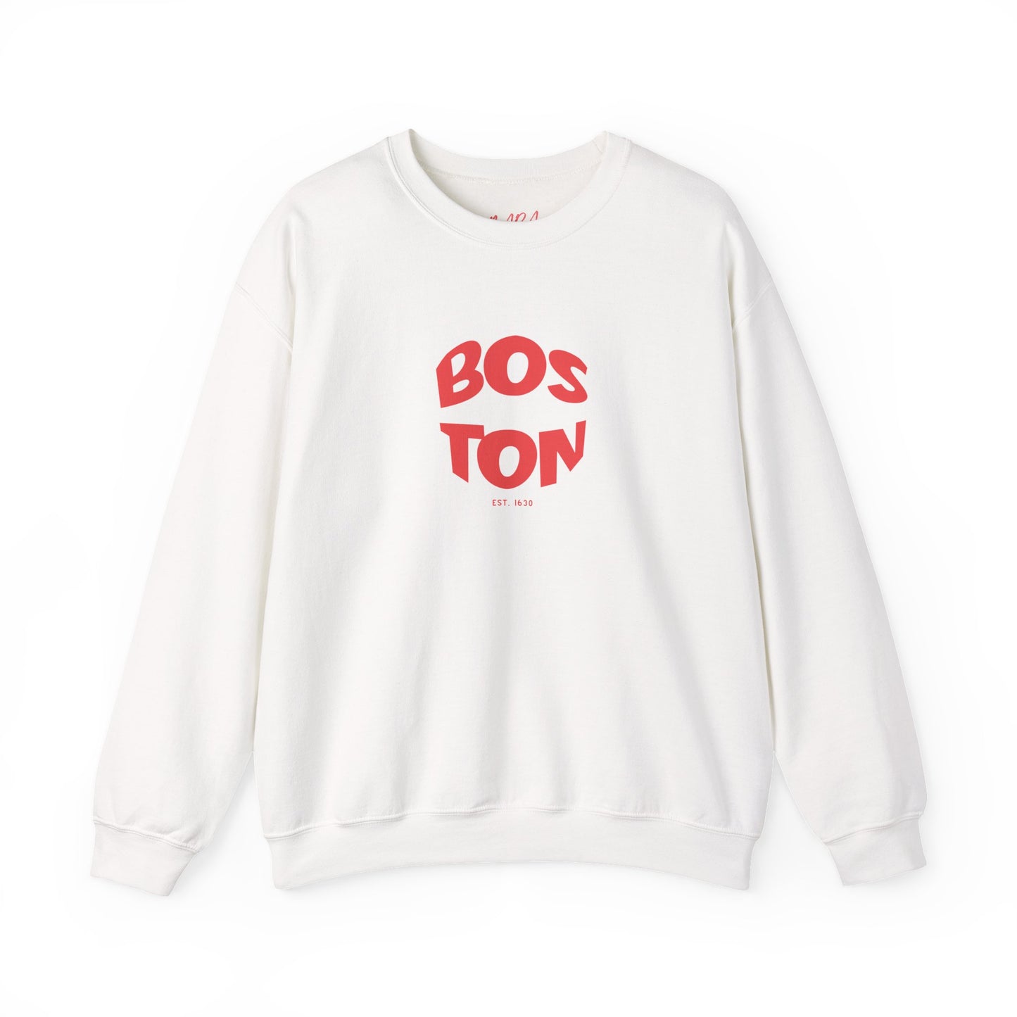 White sweatshirt with red 'BOSTON' text on a white background