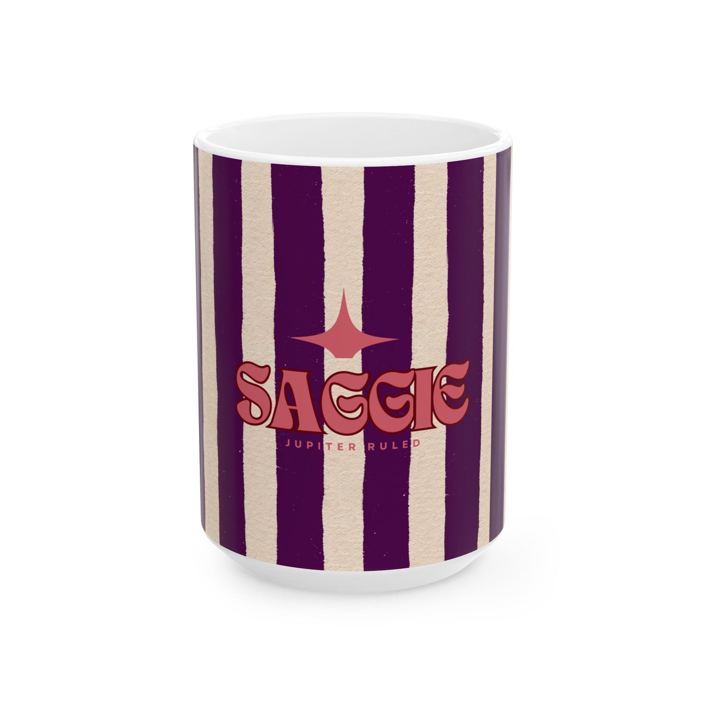 Mug with purple and beige striped design and 'Saggio' branding on a white background