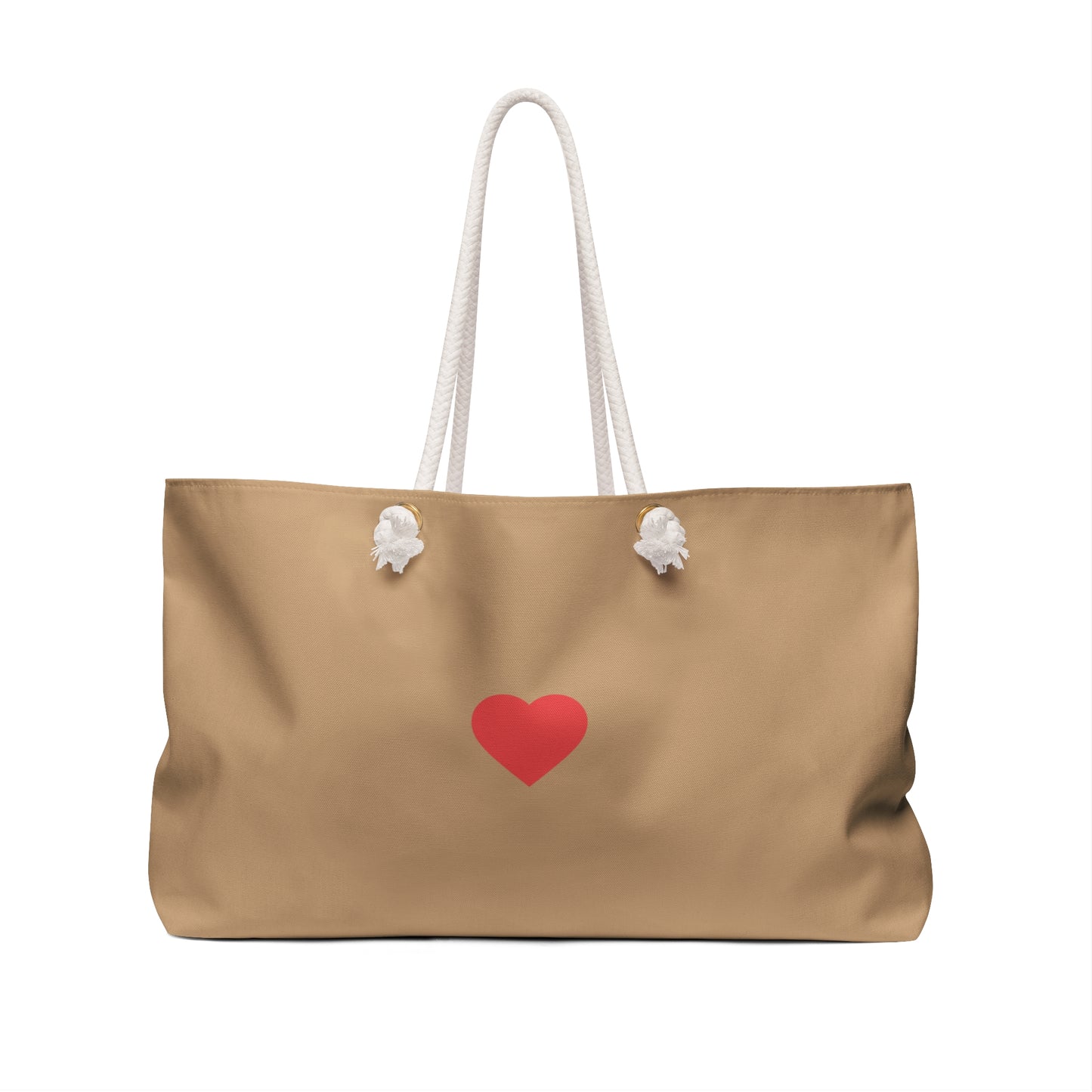 Beige tote bag with a red heart on a white background