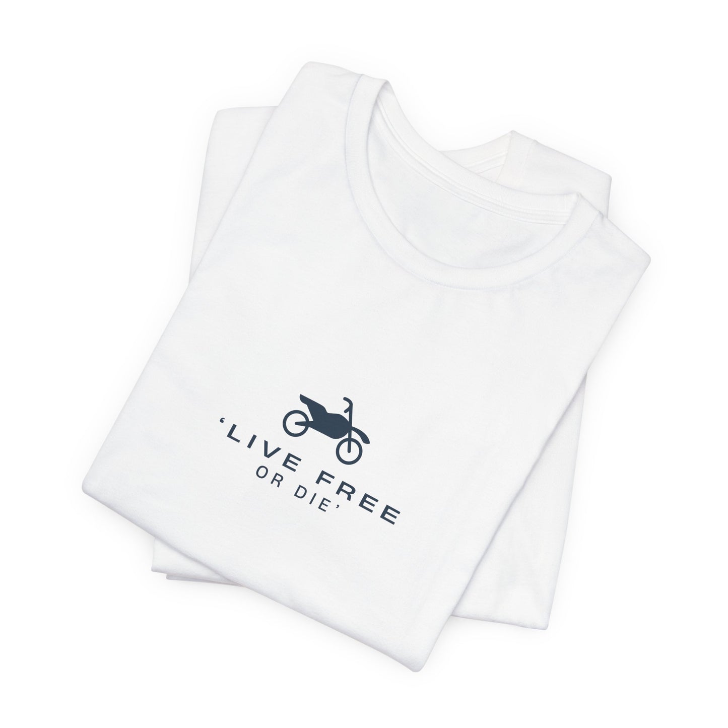 White t-shirt with 'Live Free or Die' text and graphic on a white background
