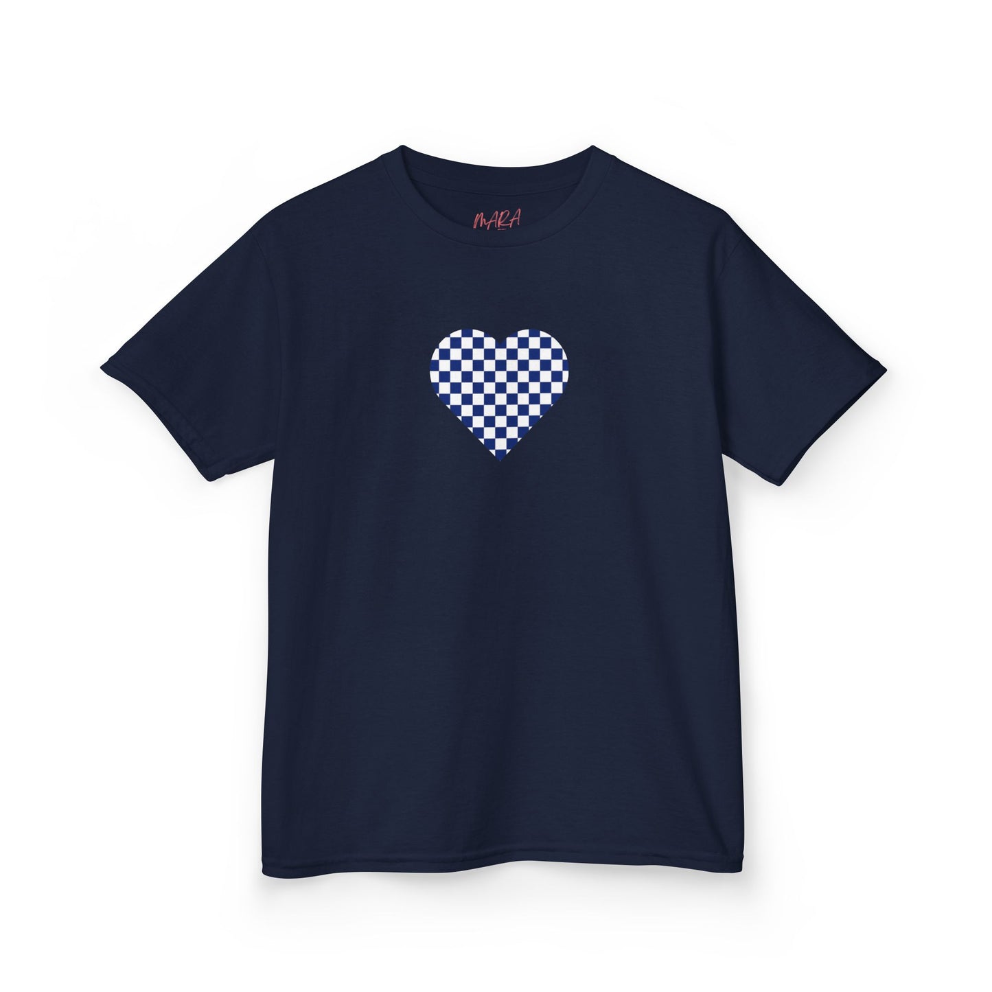 Navy blue t-shirt with a white checkered heart design on a white background
