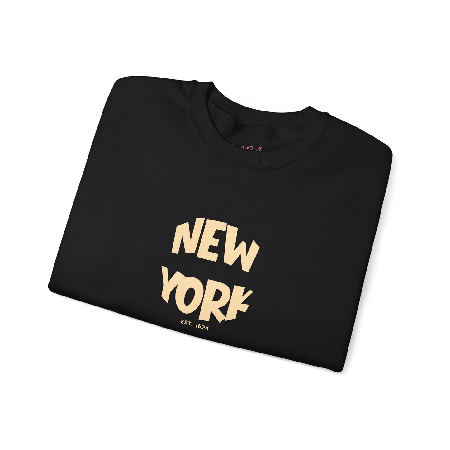 Folded black sweatshirt with 'New York' text on a white background
