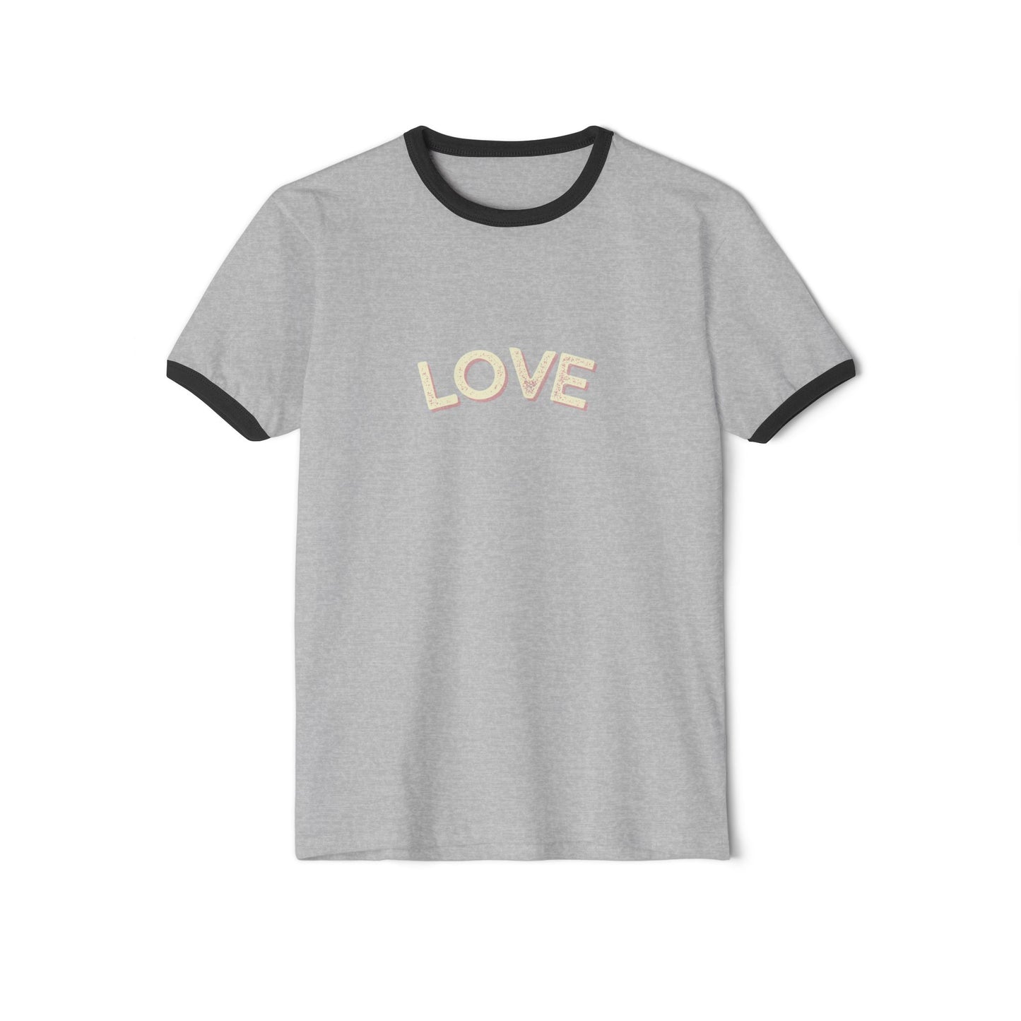 Gray t-shirt with 'LOVE' printed on it against a white background