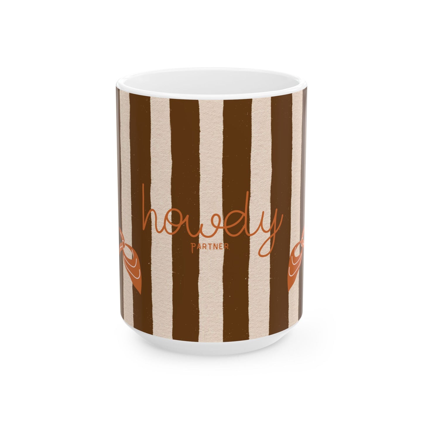 Mug with brown and beige striped design and 'howdy partner' text on a white background