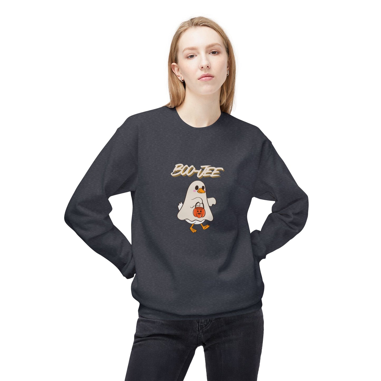 Person wearing a dark gray sweatshirt with a ghost graphic and 'BOO-JEE' text on a white background