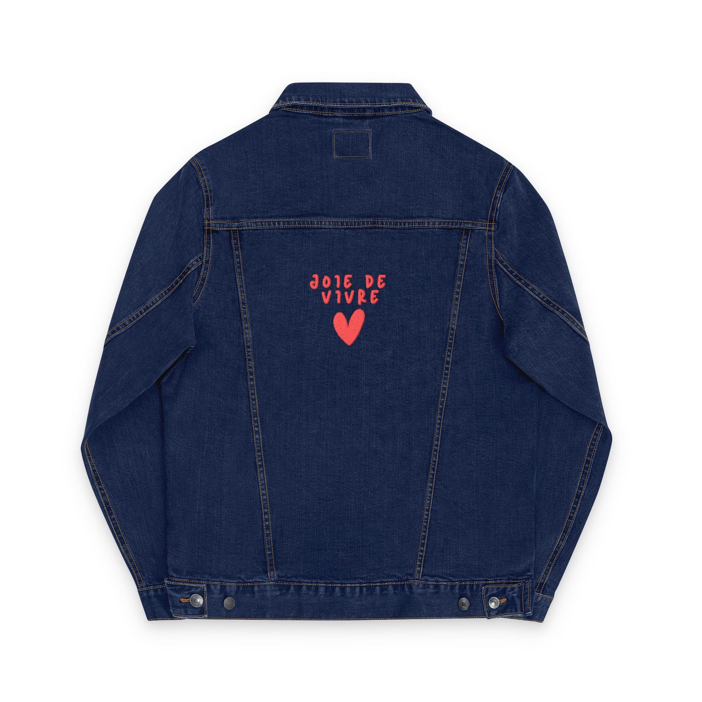 Blue denim jacket with red heart and text on the back against a white background