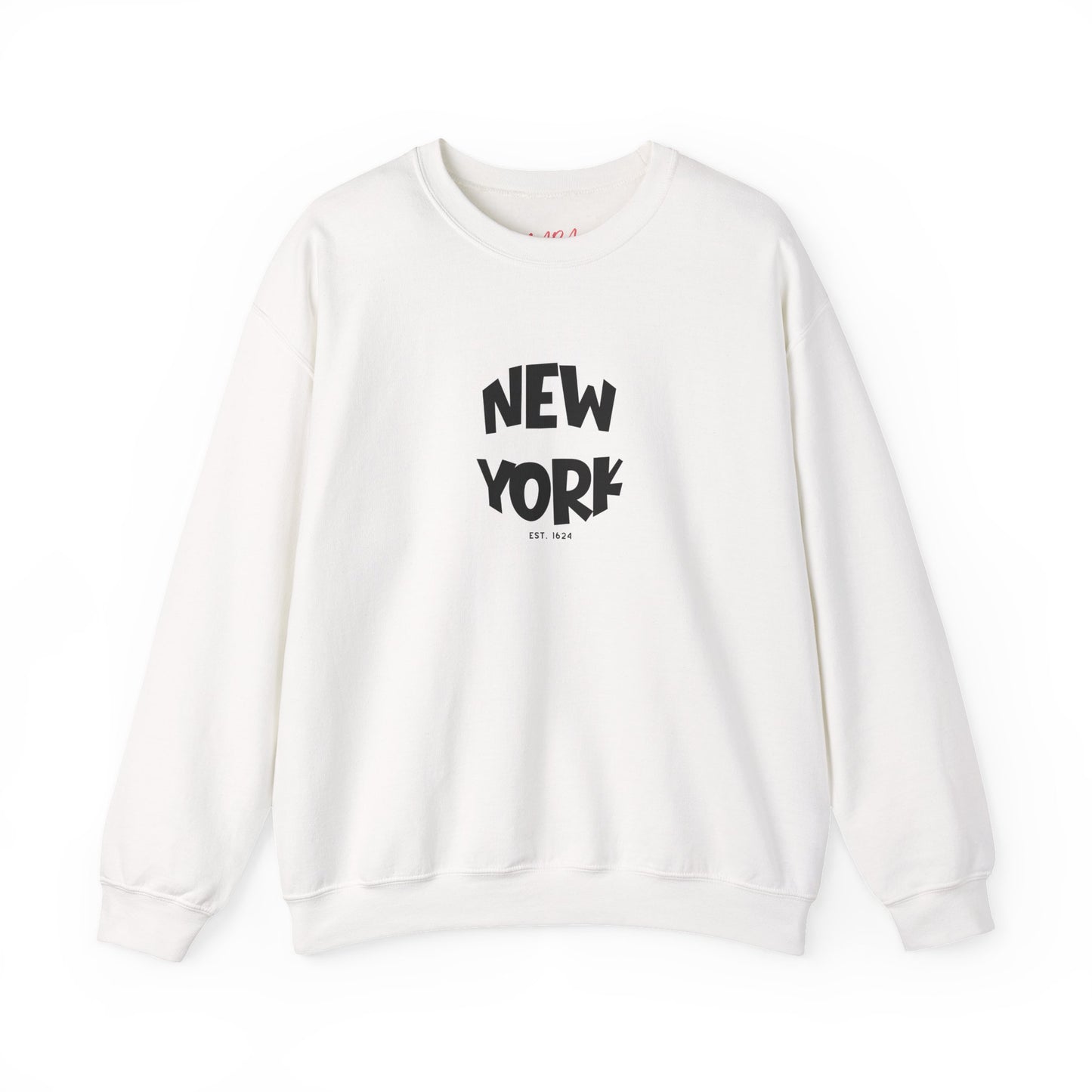 White sweatshirt with 'New York' text on a white background