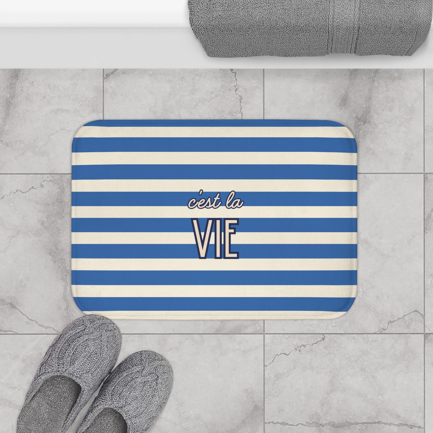 C'est la Vie Blue Striped Bath Mat — Nautical French Quote Bathroom Rug