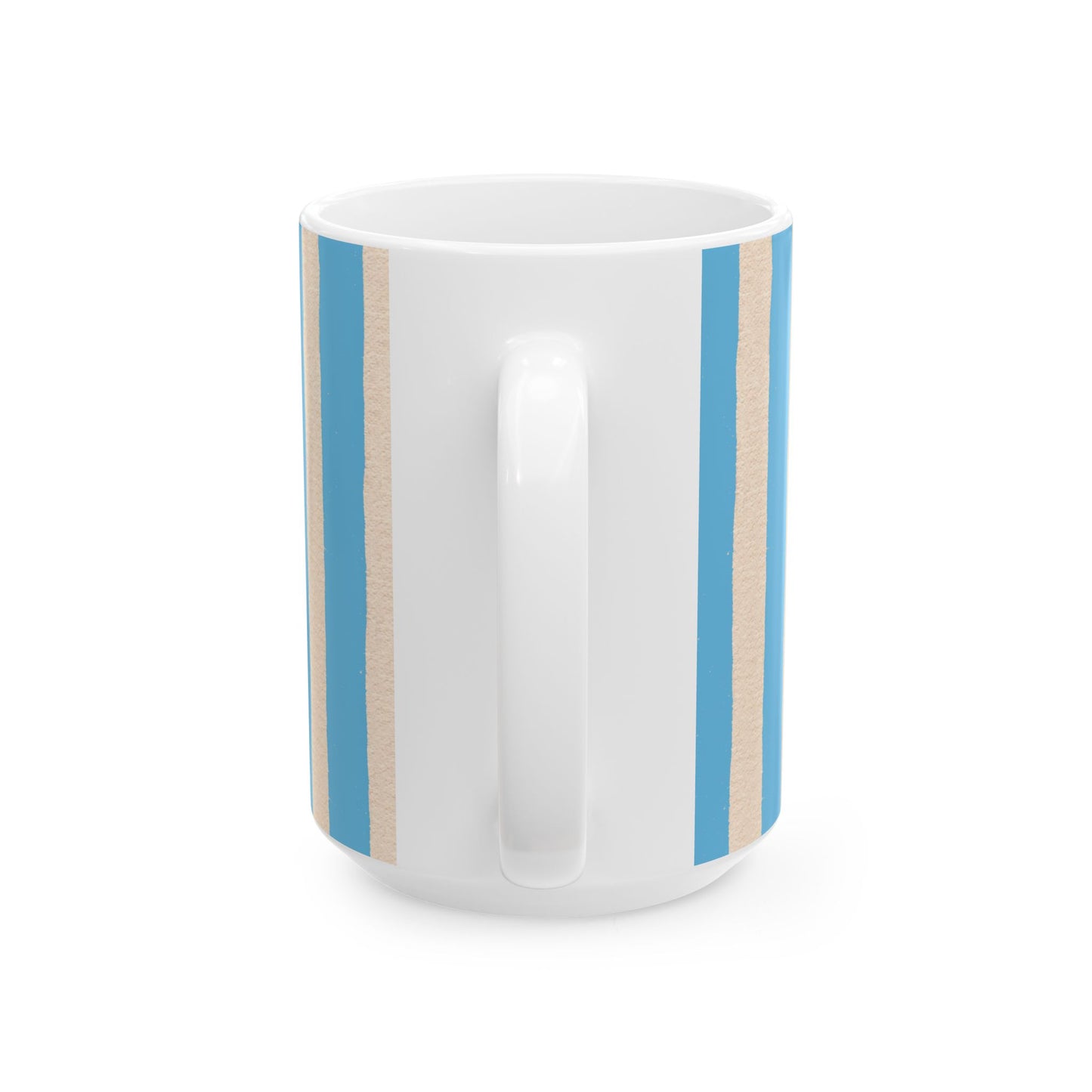 White mug with blue and beige stripes on a white background